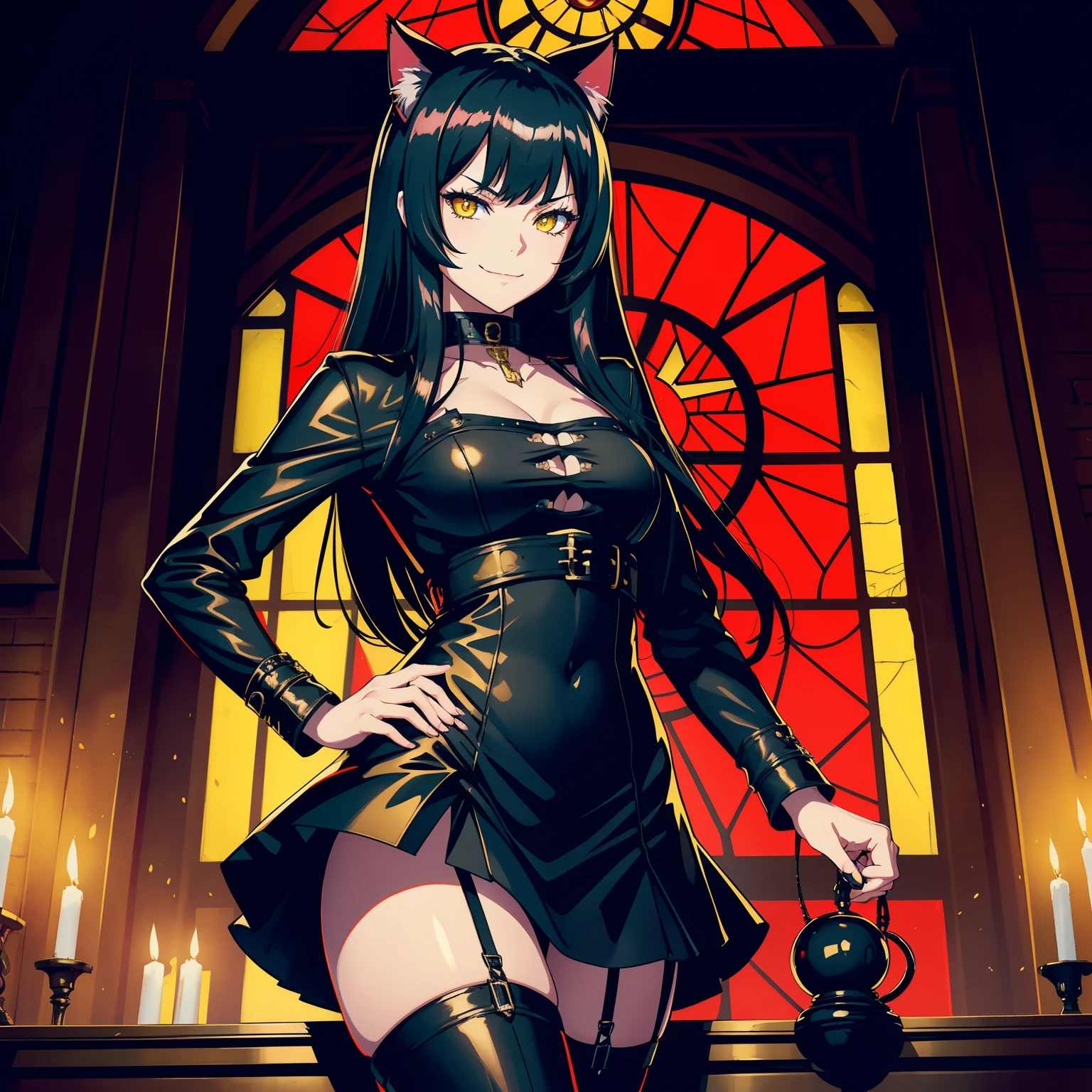 wallpapers, 4K, anime style, masterpiece, (1girl, solo, cat ears, long black hair, yellow eyes, catgirl a little immature, evil smile, smirk, looking at viewer, turned to viewer), (collar, black leather clothe, church clothes, straps), adepta sororitas, warhammer 40k, gothic colorful interior behind, red light ambience, black and red roman interior