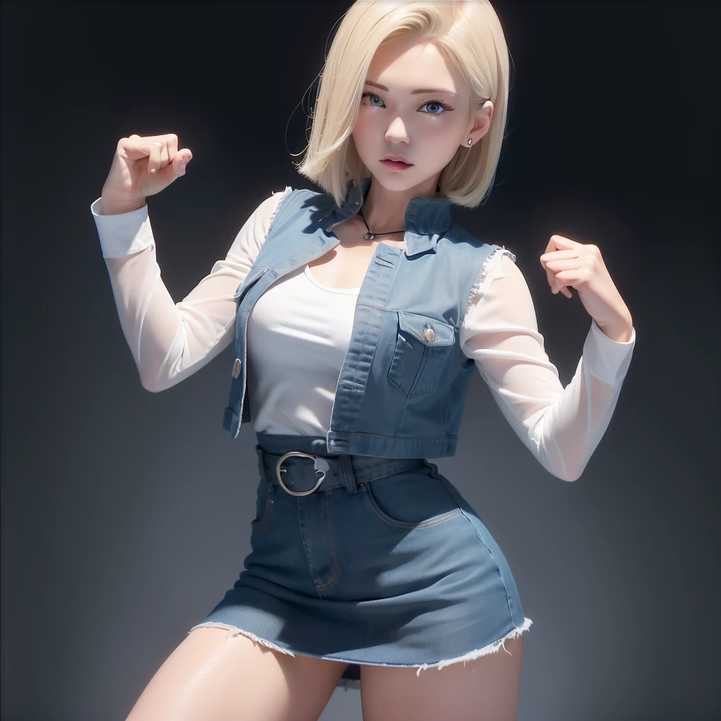 Martial Arts Champion、1womanl、Android 18、独奏、blonde  hair、((Blue eyes))、short-hair、耳Nipple Ring、jewely、Denim Vest、open vest、Black pantyhose、White shirt、Denim skirt、 long sleeves with black stripes,,,,, a blue skirt, middlebreasts, Cowboy Shots, Street,8K、Ulutra HD、Sharp lines、top-quality、hight resolution、