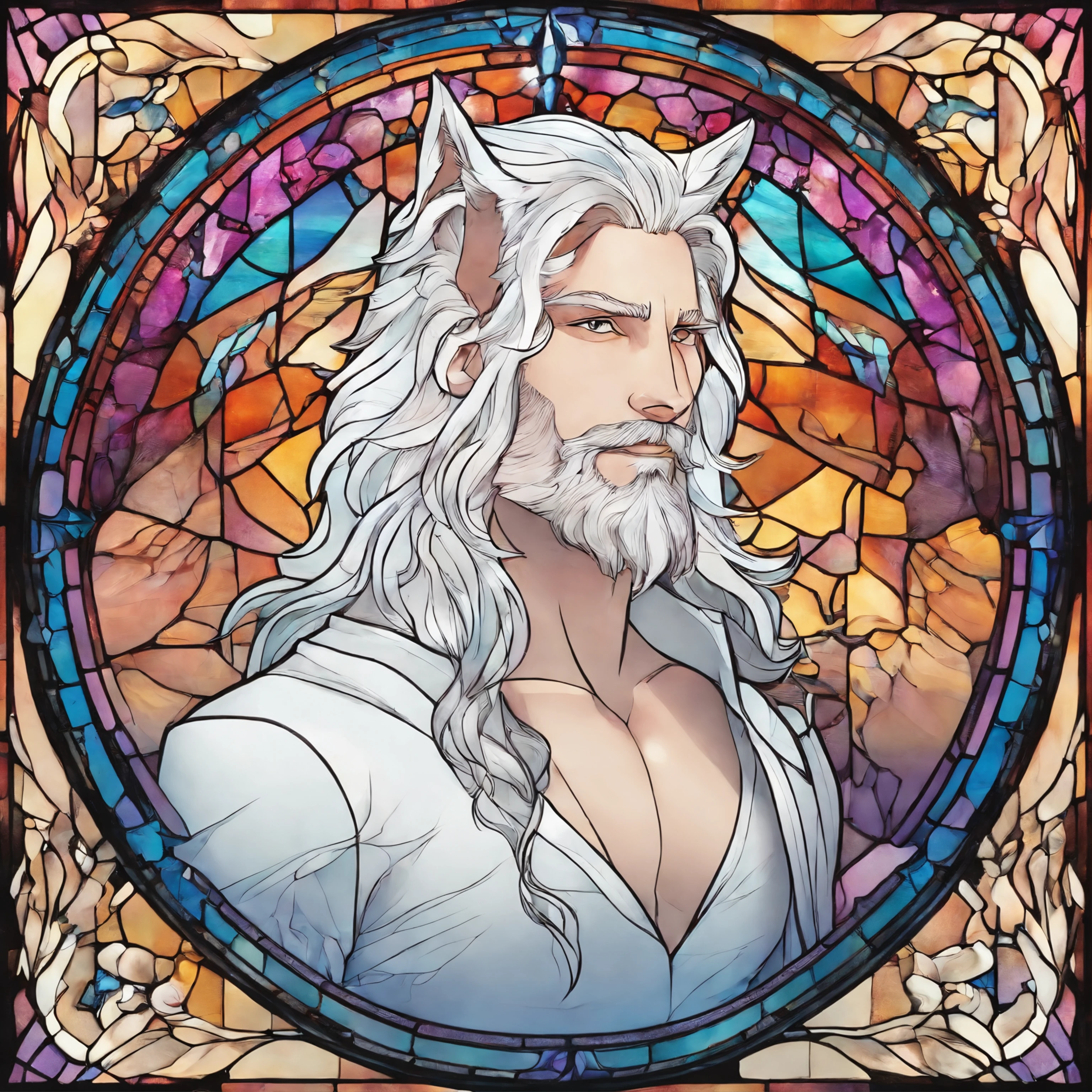male with wolf ears and a wolf tail, long white hair with flowing long locks, has light beard, shirtless, wearing fingerless gloves, wearing worn jeans, is sweaty