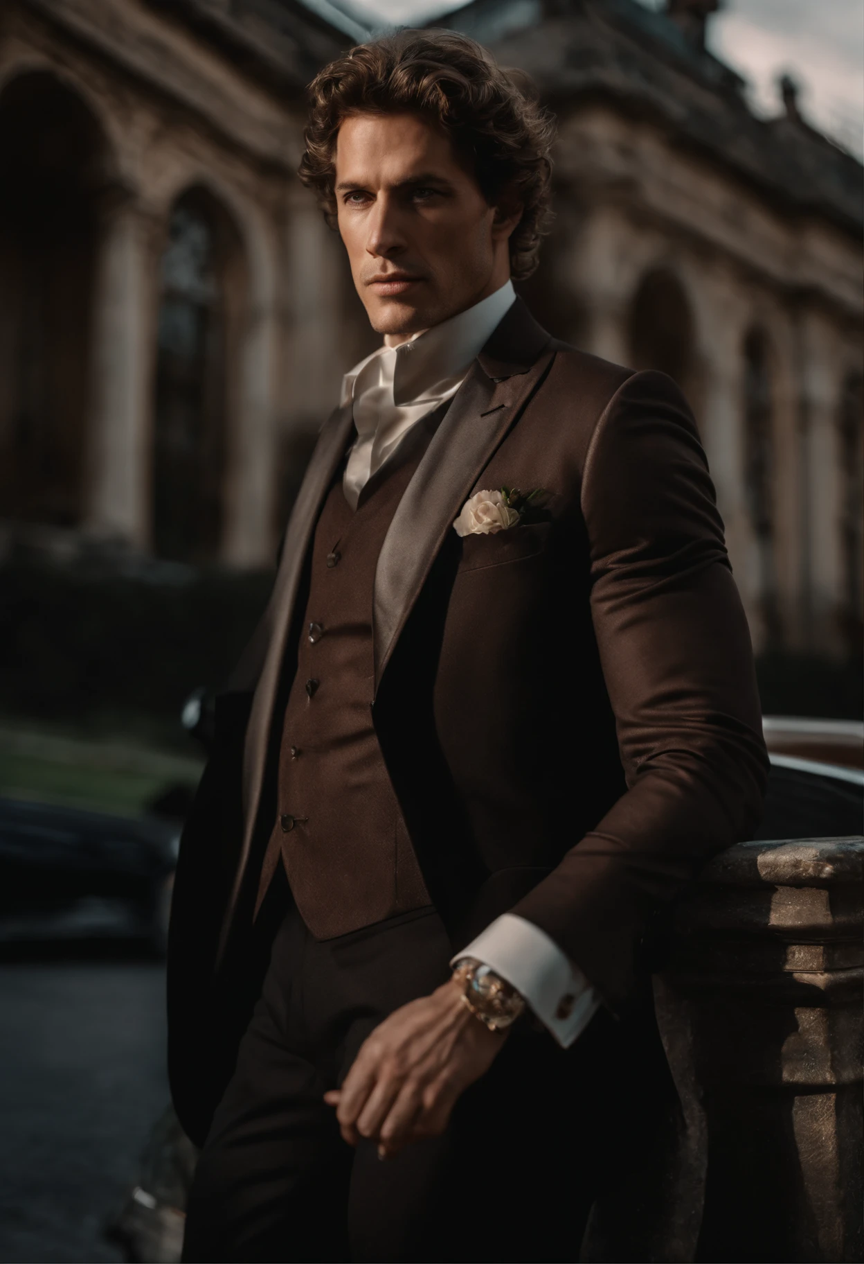 corps entier, wide-angle photo close-up portrait of the body of a handsome man , Grand et en forme, (40 ans:1.1), (shaven:1.2) , (curly short brown hair:1.2),(Cheveux courts:1.3). Dark brown tight velvet suit, (La veste a des motifs de fleurs noires:1.2). (posing outside the mansion with a luxury car:1.1), crowded street with cafes in the distance, Cold and dark sunset at dusk, (Edge Light:1.1),(Concentrez-vous sur les yeux), (angry look), (hard light on the skin:1.2), (ombres dures, dark themed, Contraste profond:1.1), (photographie de portrait par Annie Liebovitz), Dark mint theme and choral aesthetics, (skin imperfections)