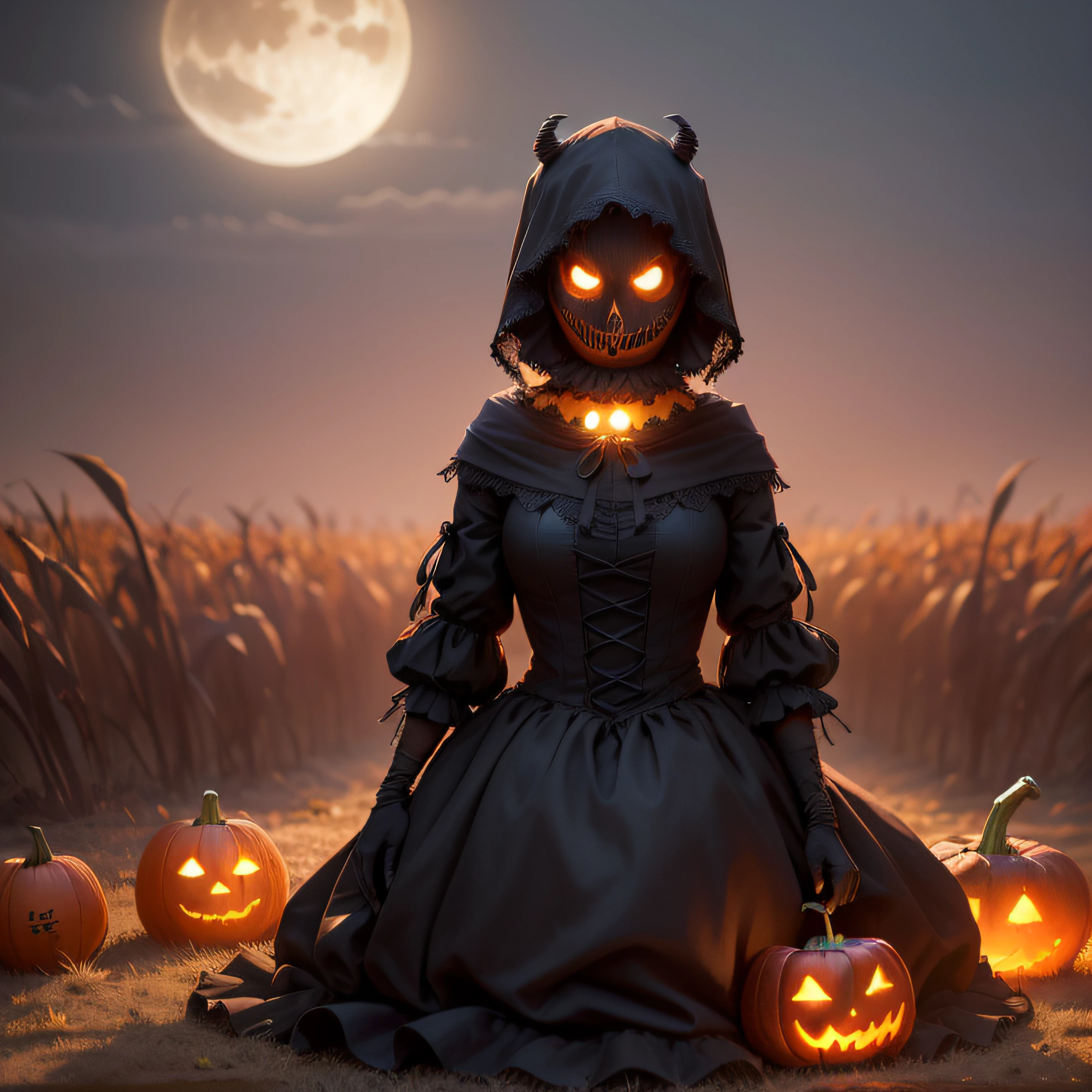 "(Highest picture quality), (Prioritizing the exceptional image quality and astonishing level of detail), generate an awe-inspiring (photorealistic:1.1) evil burlap pumpkin head scarecrow, scary, horror, night, moonlight, hay, cornfield, crows, fall, pumpkins, Sharp focus, render, octane, detail, award-winning photography, masterpiece, rim lighting."