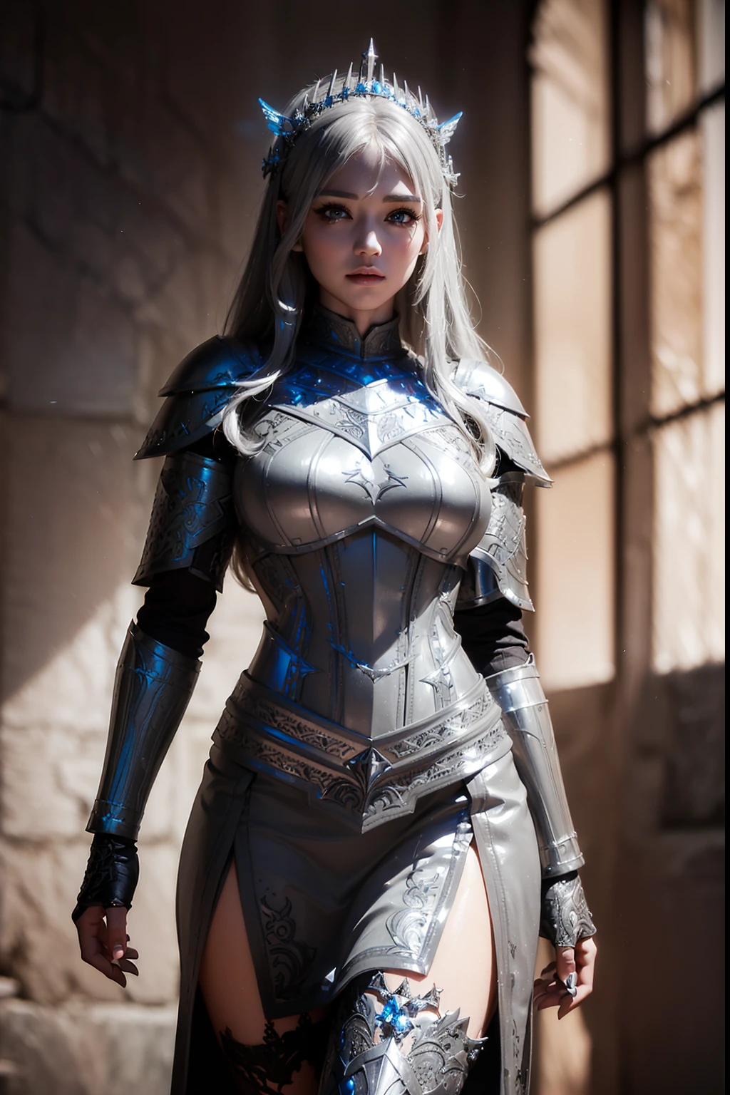 Valkyrie (masterpiece), best quality, (((in hyper realistic and detailed fantasy gray armor, aethereal aesthetic style))) beauty korean idoll, intricate perfect beauty face, detailed sharp expressive eyes, hyper realistic and detailed white hair, (((from face to the waist))), (((beauty slim shape))), 4k, UHD