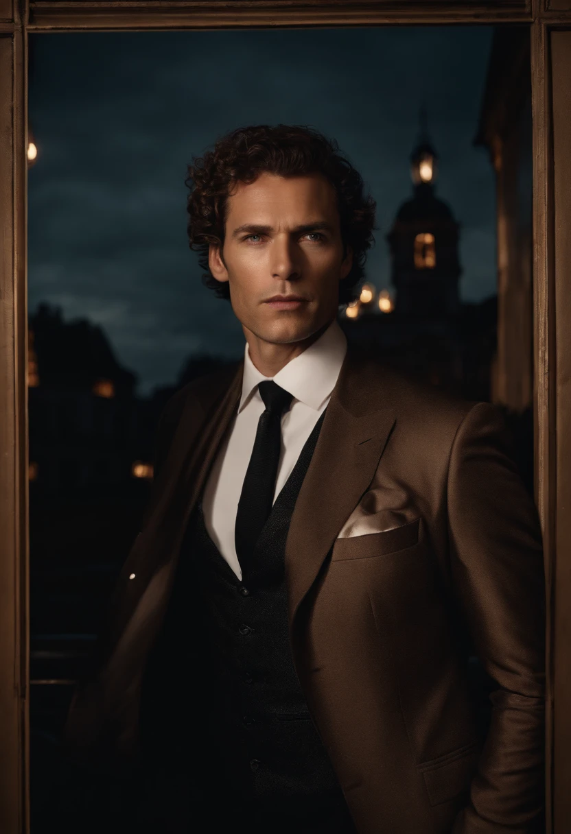 corps entier, wide-angle photo close-up portrait of the body of a handsome man , Grand et en forme, (40 ans:1.1), (shaven:1.2) , (curly short brown hair:1.2),(Cheveux courts:1.3). Dark brown tight velvet suit, (La veste a des motifs de fleurs noires:1.2). (posing outside the mansion with a luxury car:1.1), crowded street with cafes in the distance, Cold and dark sunset at dusk, (Edge Light:1.1),(Concentrez-vous sur les yeux), (angry look), (hard light on the skin:1.2), (ombres dures, dark themed, Contraste profond:1.1), (photographie de portrait par Annie Liebovitz), Dark mint theme and choral aesthetics, (skin imperfections)
