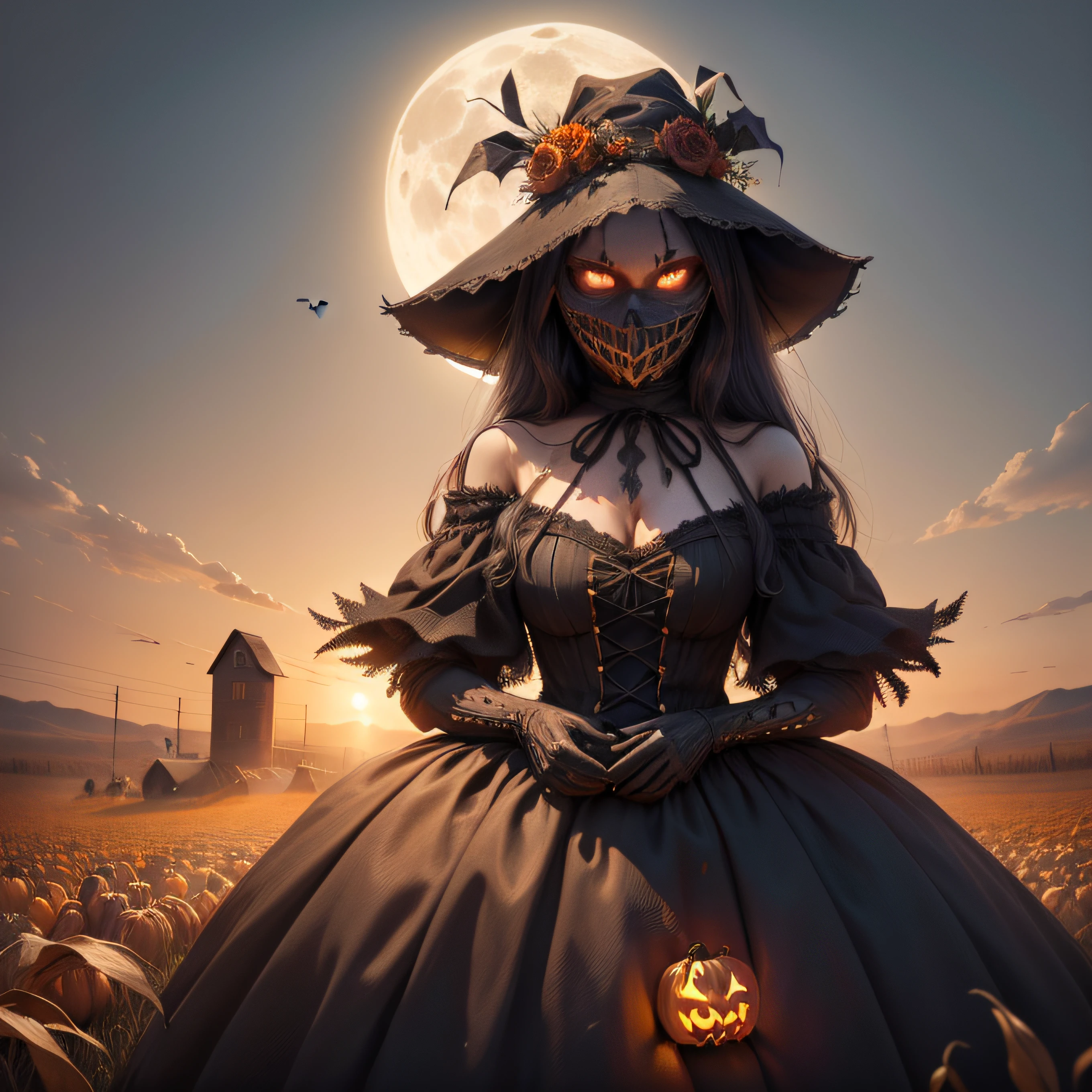 "(Highest picture quality), (Prioritizing the exceptional image quality and astonishing level of detail), generate an awe-inspiring (photorealistic:1.1) evil burlap pumpkin head scarecrow, scary, horror, night, moonlight, hay, cornfield, crows, fall, pumpkins, Sharp focus, render, octane, detail, award-winning photography, masterpiece, rim lighting."