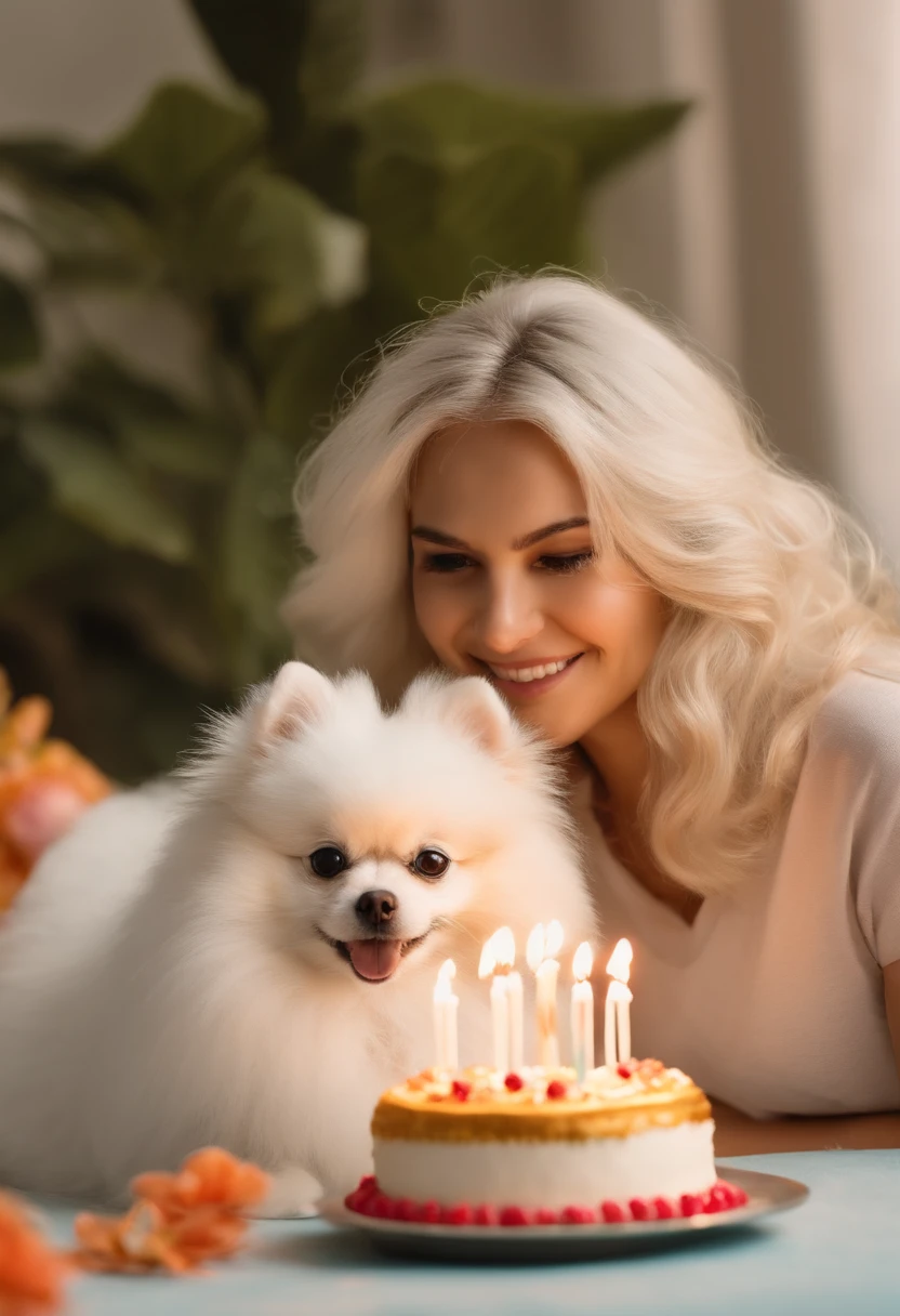 The woman is sitting on the couch with a small white Pomeranian crawling on her lap, in front of a birthday cake, Making a wish for birthday cake, Celebrating your birthday, ela tem cerca de 1 6 anos de idade, pele branca, delicate facial features