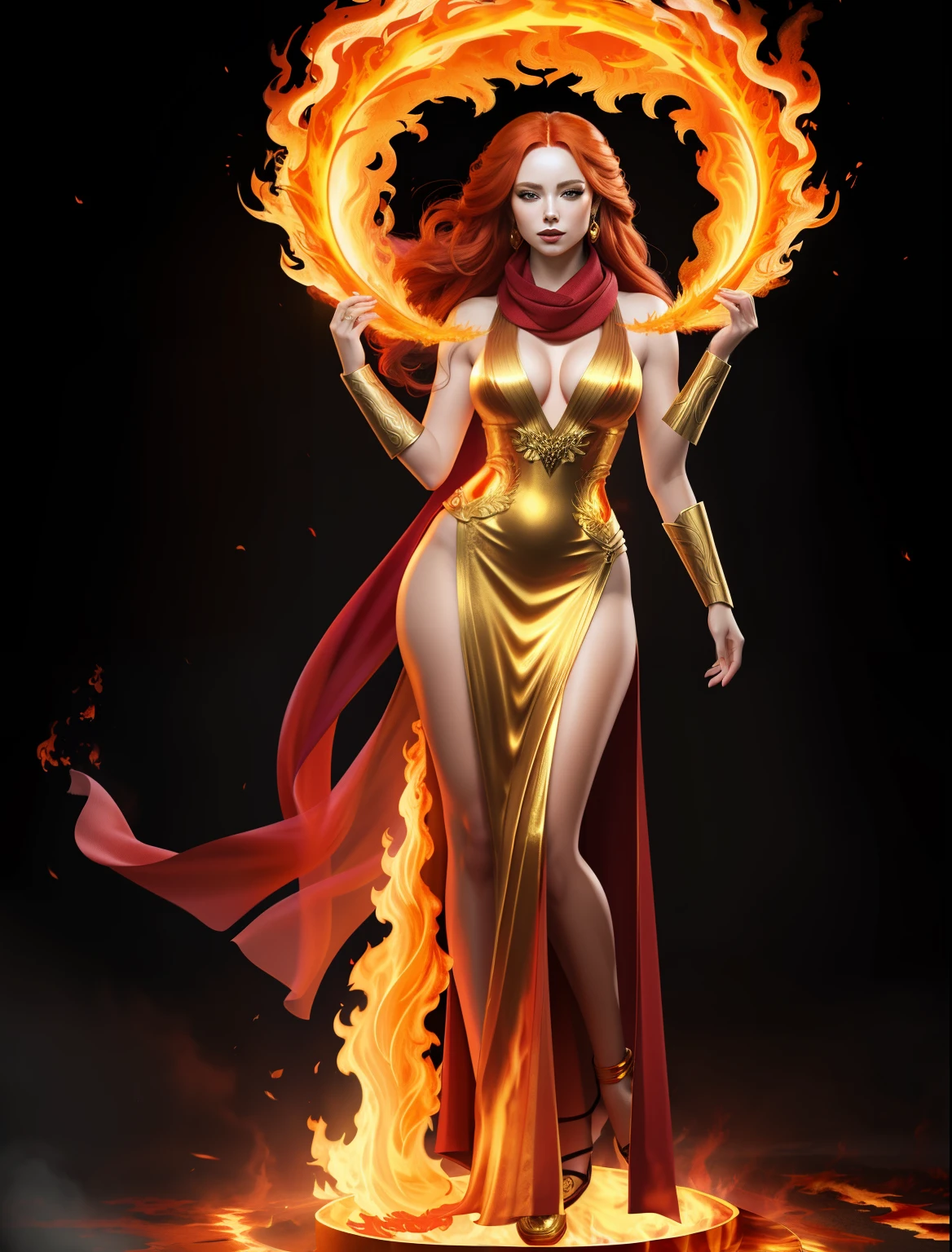 a woman with a long flaming red hair and a scarf, beautiful full body concept art, a stunning portrait of a goddess, appears as the fire goddess, extremely high detail, swirling fire, molten gold, golden dress, pale skin