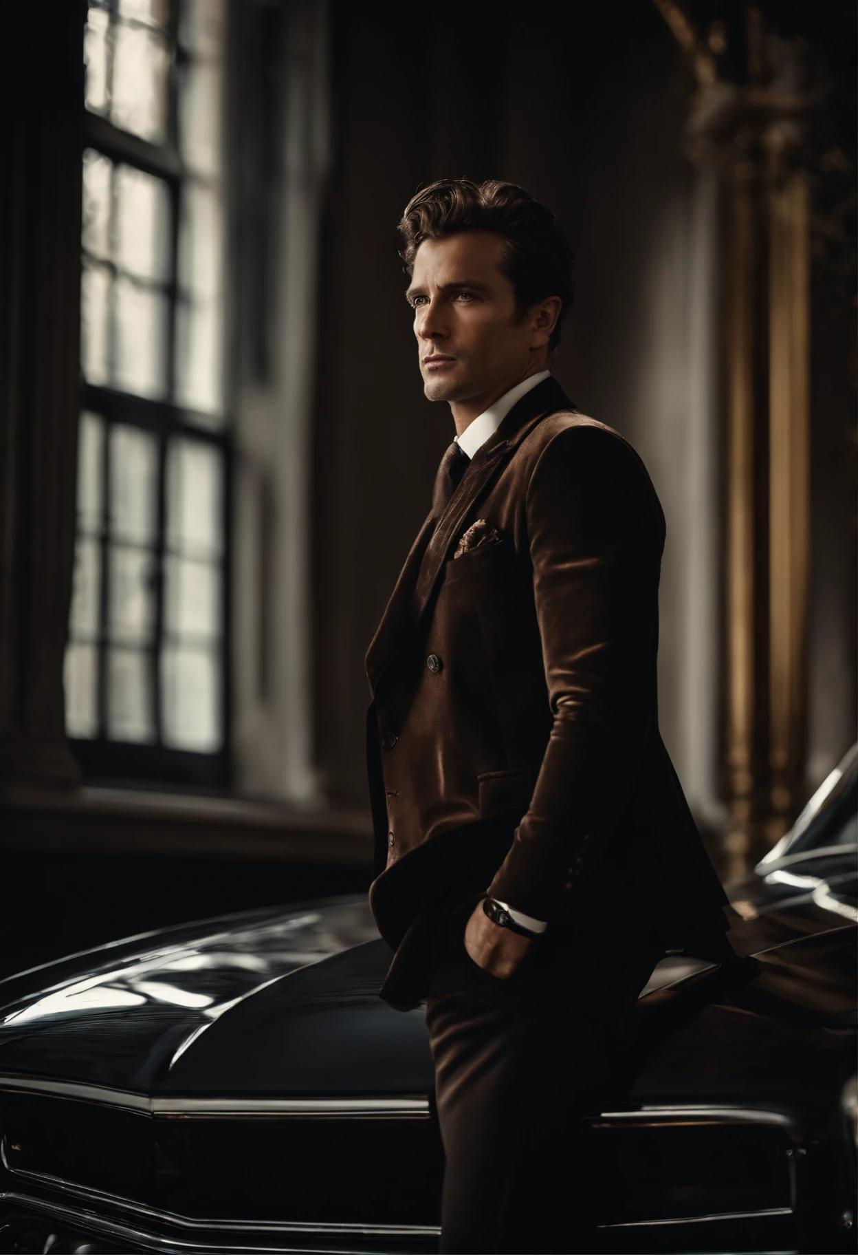 corps entier, wide-angle photo close-up portrait of the body of a handsome man , Grand et en forme, (40 ans:1.1), (shaven:1.2) , (curly short brown hair:1.2),(Cheveux courts:1.3). Dark brown tight velvet suit, (La veste a des motifs de fleurs noires:1.2). (posing outside the mansion with a luxury car:1.1), crowded street with cafes in the distance, Cold and dark sunset at dusk, (Edge Light:1.1),(Concentrez-vous sur les yeux), (angry look), (hard light on the skin:1.2), (ombres dures, dark themed, Contraste profond:1.1), (photographie de portrait par Annie Liebovitz), Dark mint theme and choral aesthetics, (skin imperfections)