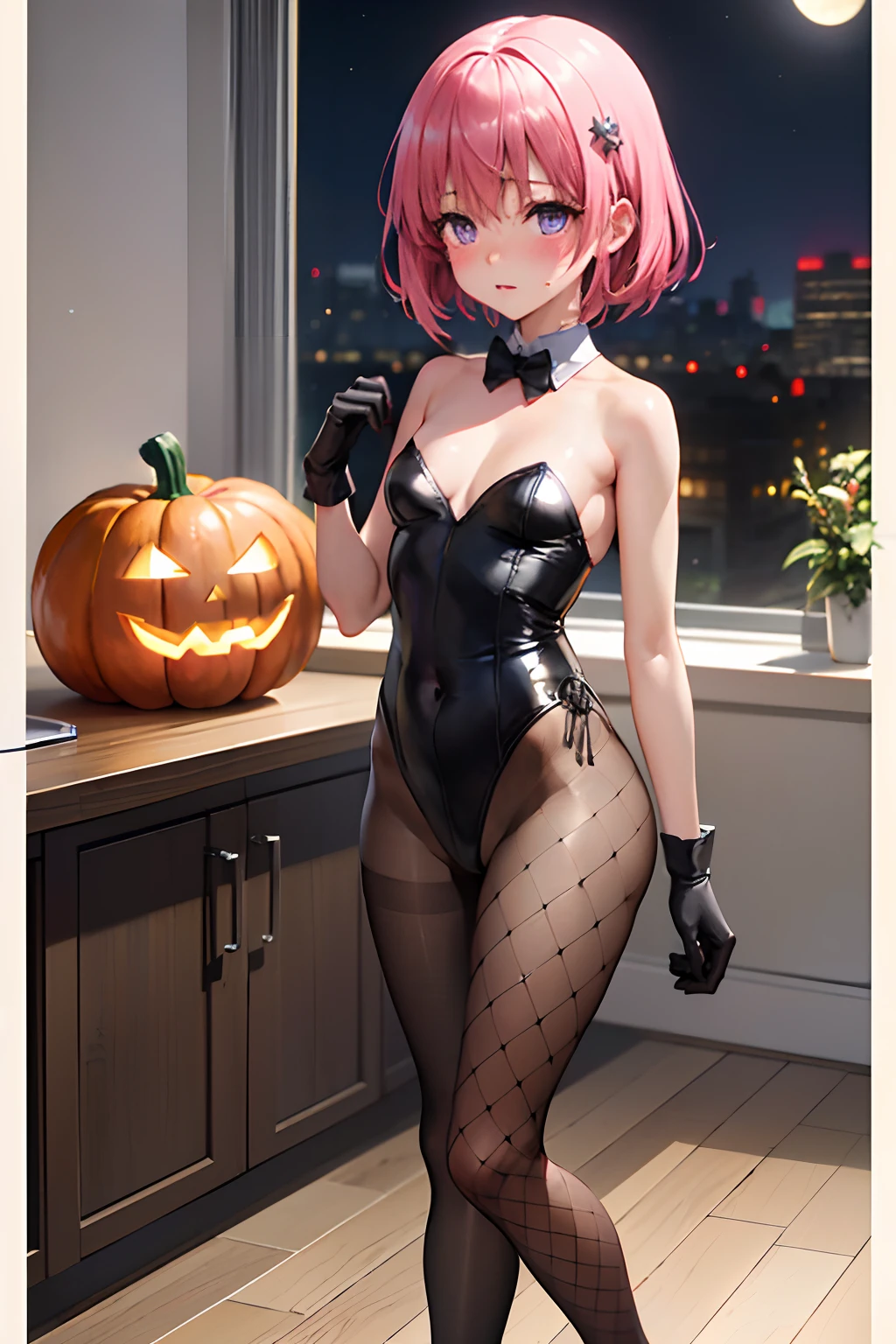 (top-quality:1.1), (masterpiece:1.4), (absurderes:1.0), portlate, a closeup,
1girl in、Momovelia Deviluk、hair adornments、bob cuts、Shorthair pink hair、a purple eye、Medium chest、((Leotard))、looking at the viewers、Bedroom、(red blush:1.2)、embarassed expression、(((Black pantyhose)))、black backgrounds、((Long Gloves))、((Opening legs))、long boots、Pumpkin Lantern、fullmoon、((fishnet tights))