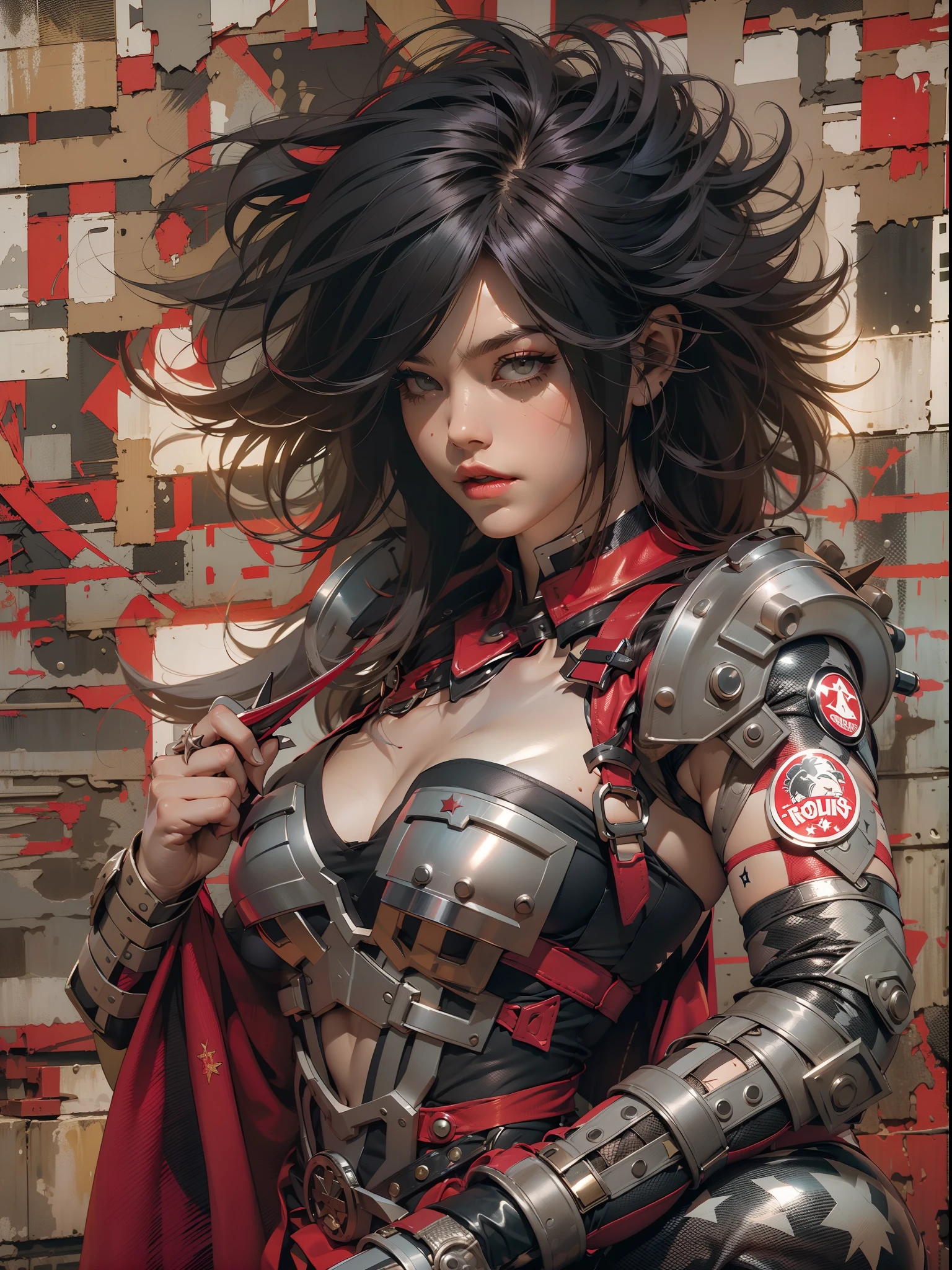 (((mulher))), (((melhor qualidade))), (((obra prima))), (((adulto))), (((1girl))), ((( corte de cabelo bob ))), Uma gladiadora cyberpunk mulher de 25 anos com corpo perfeito, shoulder pads with metal spines, Gladiadores do Brooklyn, (( corte de cabelo bob )), tiny leather panties, camiseta de time de rugby rasgada, quase nua no estilo selvagem urbano de Simon Bisley para a capa da revista Heavy Metal, Cabelo loiro curto, Minimum clothing, Metal protection on the left arm with intricate graphics, Dark red with white stars and black and white checkerboard pattern, armadura, cheio de pontas e rebites, (((do joelho pra cima))), cabelos loiro branco curto, no fundo uma parede pintada por Shepard Fairey com um design intrincado