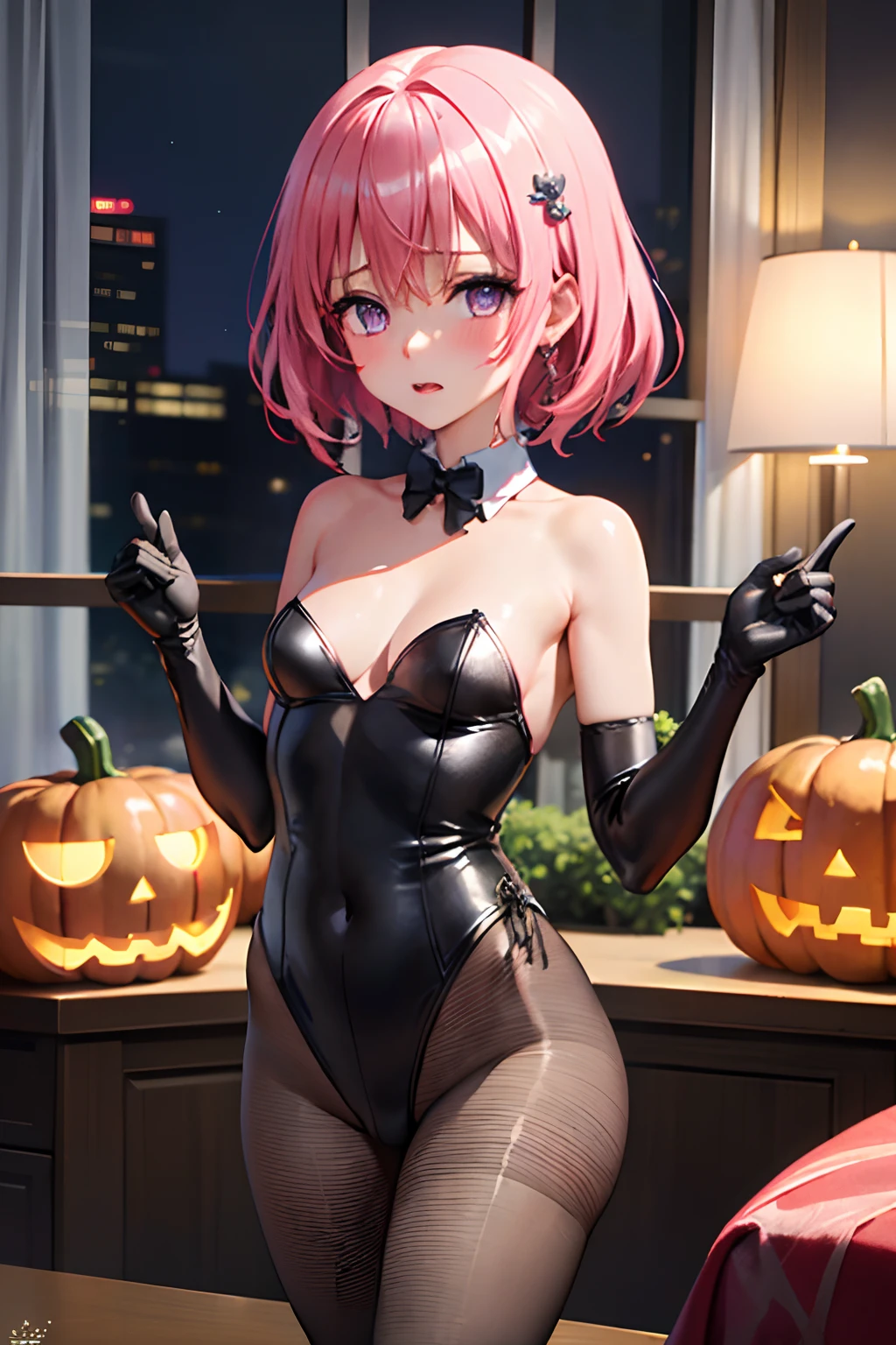 (top-quality:1.1), (masterpiece:1.4), (absurderes:1.0), portlate, a closeup,
1girl in、Momovelia Deviluk、hair adornments、bob cuts、Shorthair pink hair、a purple eye、Medium chest、((Leotard))、looking at the viewers、Bedroom、(red blush:1.2)、embarassed expression、(((Black pantyhose)))、black backgrounds、((Long Gloves))、((Opening legs))、long boots、Pumpkin Lantern、fullmoon、((fishnet tights))