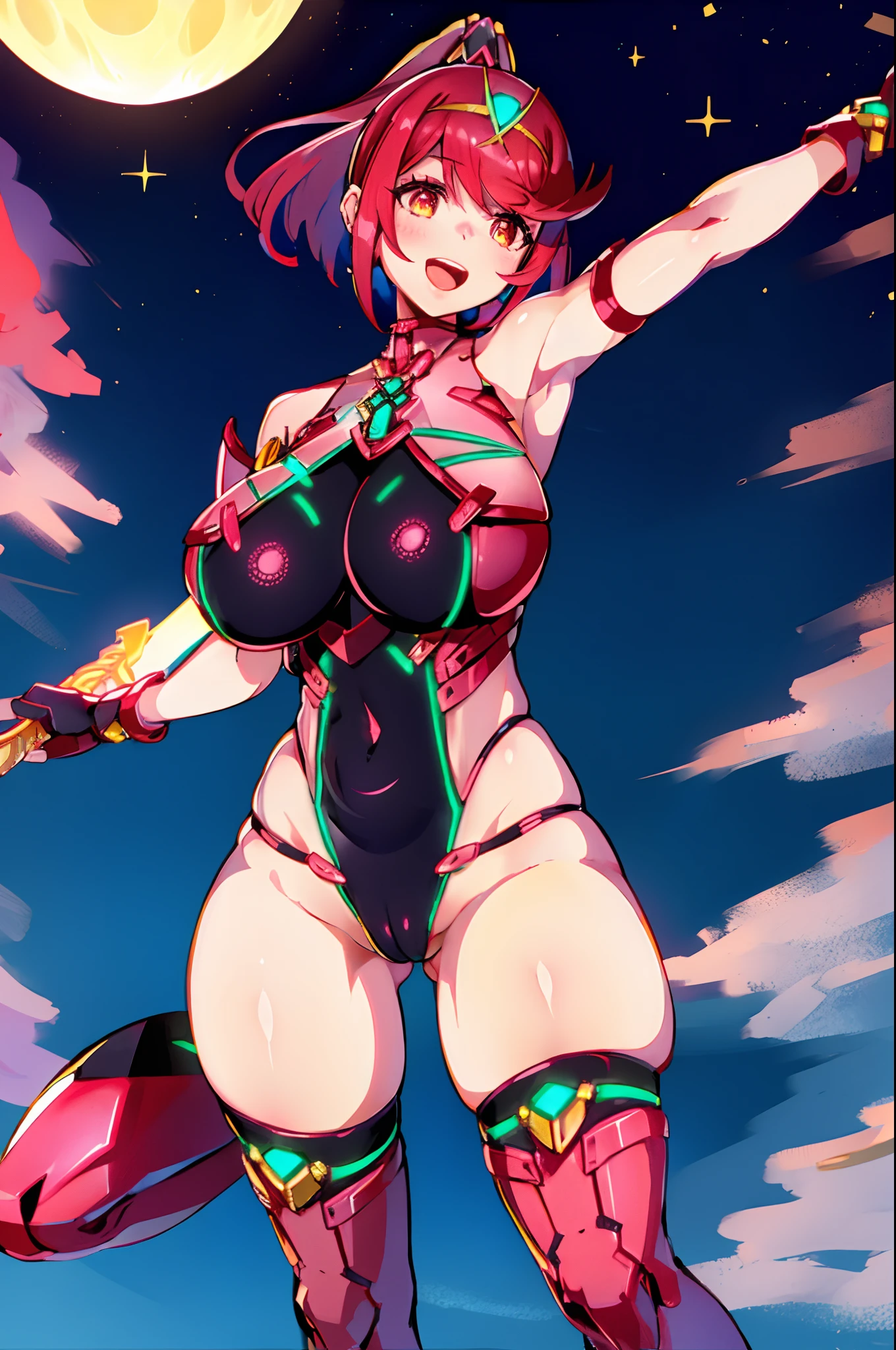 pyra \(xenoblade\), _1girl, lolings, black gloves, breasts,es, shout, earrings, eyelashes, fingerless gloves, floating hair, , gem, gloves, hair ornament, headpiece, jewelry, big_breasts, leanin swimsuit, neon trim, official art, pose, red hair, saitou masatsugu, short hair, sidelocks, skin tight, solo, swept bangs, thighhighs, tiara, fantasy_town_background, underbust, xenoblade chronicles \(series\), (xenoblade chronicles 2), (spread_legs:1.1), fire_effect,dynamic_pose,fighting,light_smile, (plump:1.1), big_ass,huge_sword, hold_le_sword_hilt, covered_nipples, covered_pussy, fnytail,beautiful_rs,(solo:1.1), bare_shoulder,(shoulder_naked:1.2)