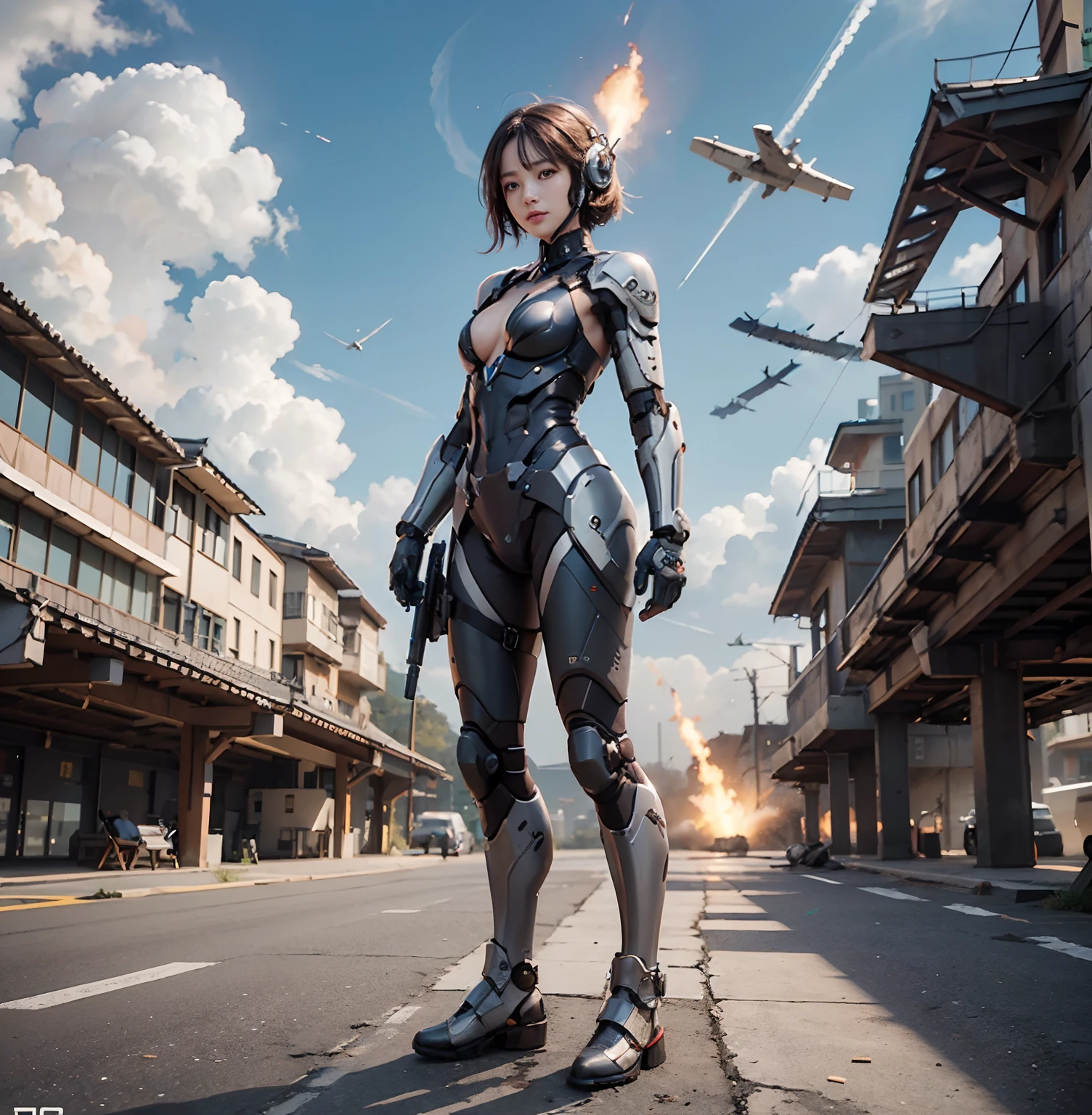 8K, best qualtiy, tmasterpiece, 超高分辨率, (真实感: 1.4),Girls send futuristic combat suits,Green pupils,Cloudy background,dark cloude,salama,Background of the air battlefield,Fallen plane,Flying anti-aircraft missiles,Exploding flames,Machine-made birds,Real women,cleavage,Real face,cute female child,ssmile,The perfect cyborg girl,Wearing sci-fi headphones, Beautiful female ,beautiful girl cyborg,silber hair,robotic hand,CG,(((Full body side shot,Standing on the ground)))