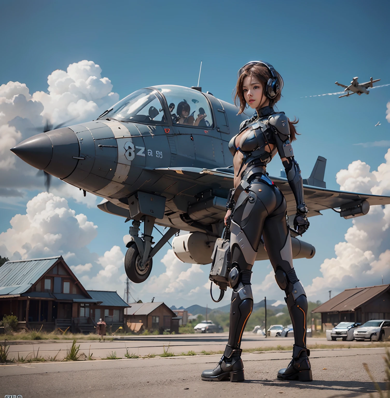 8K, best qualtiy, tmasterpiece, 超高分辨率, (真实感: 1.4),Girls send futuristic combat suits,Green pupils,Cloudy background,dark cloude,salama,Background of the air battlefield,Fallen plane,Flying anti-aircraft missiles,Exploding flames,Machine-made birds,Real women,cleavage,Real face,cute female ,ssmile,The perfect cyborg girl,Wearing sci-fi headphones, Beautiful female ,beautiful girl cyborg,silber hair,robotic hand,CG,(((Full body side shot,Standing on the ground)))