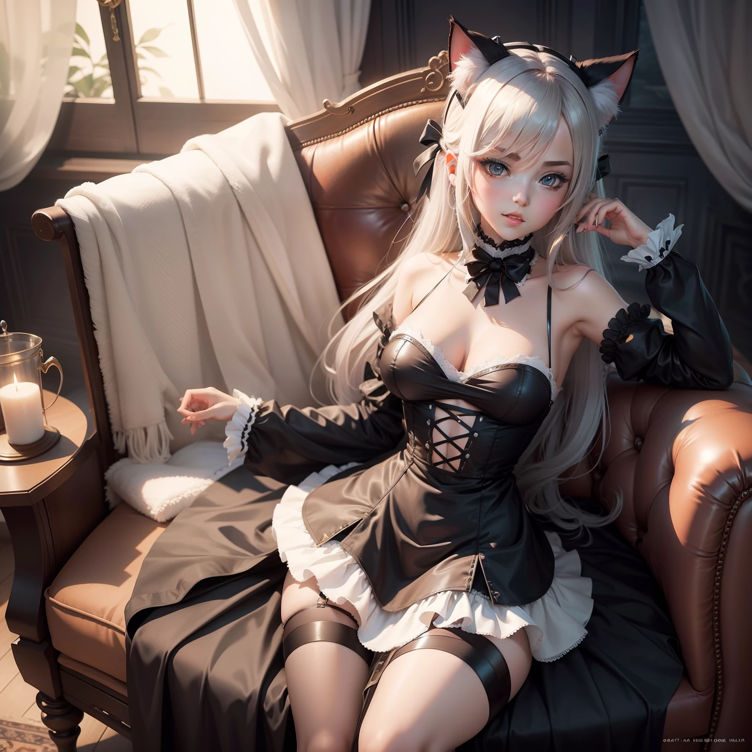 Yorah 2b with cat ears in a revealing maid outfit