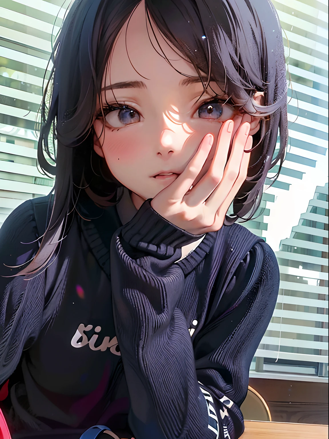 There was a young girl sitting at a table，Take the doughnut, with cute - fine - face, ulzzangs, wan adorable korean face, young lovely Korean faces, She has a cute face, young cute wan asian face, chiho, showing her face, girl cute-fine face, Ruan cute vtuber, with small nose，Animated style