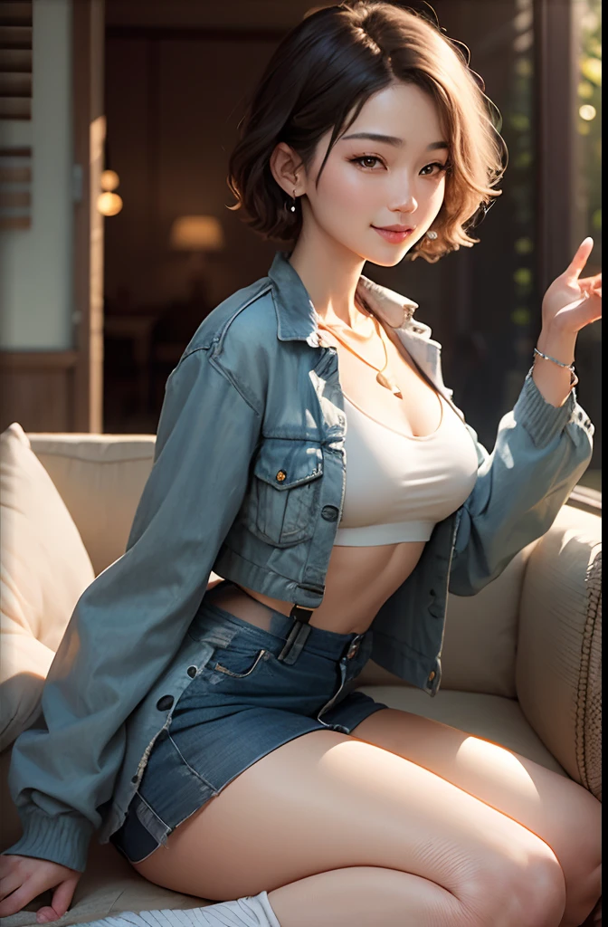 Pubic hair grows、Smile full of happiness、((Almost completely naked:1.3))、、Panting face、Lacking、Sweating、Expression in a state of excitement、short-hair、eye glass, masutepiece, Raw photo, Best Quality, Photorealistic, High-definition CG unified in 8K, 8K, Diamond, and wallpapers, depth of fields, Cinematic Light, Lens Flare, Ray tracing, (Extremely beautiful face, Beautiful lips, Beautiful eyes), intricate detail face, ((Ultra detailed skin)) 1girll, Cute 1 girl， ultra - detailed， hyper realisitc， highly detailed CGillustration， offcial art， cinematric light， Realistis， Young and beautiful girl， perfect body type， perfect body type， full pov， Perfect body， （Beautiful buttocks are fully visible 1.3）， Lewd poses，（Colossal tits：1.0）， long sexy legs， （Thigh gap：1.5），Wide buttock，self-assured， beautiful sexy， short white sleeves， open abdomen， Large, Fabric Small Tattered Lightweight Denim Shorts T-Back Sliding Down， S-shaped body， upturned ass，posing in the，Pose，different perspectives，looking at viewert， (pale skin), (Big eyes),（ssmile：0.8），turn back, Back shot,