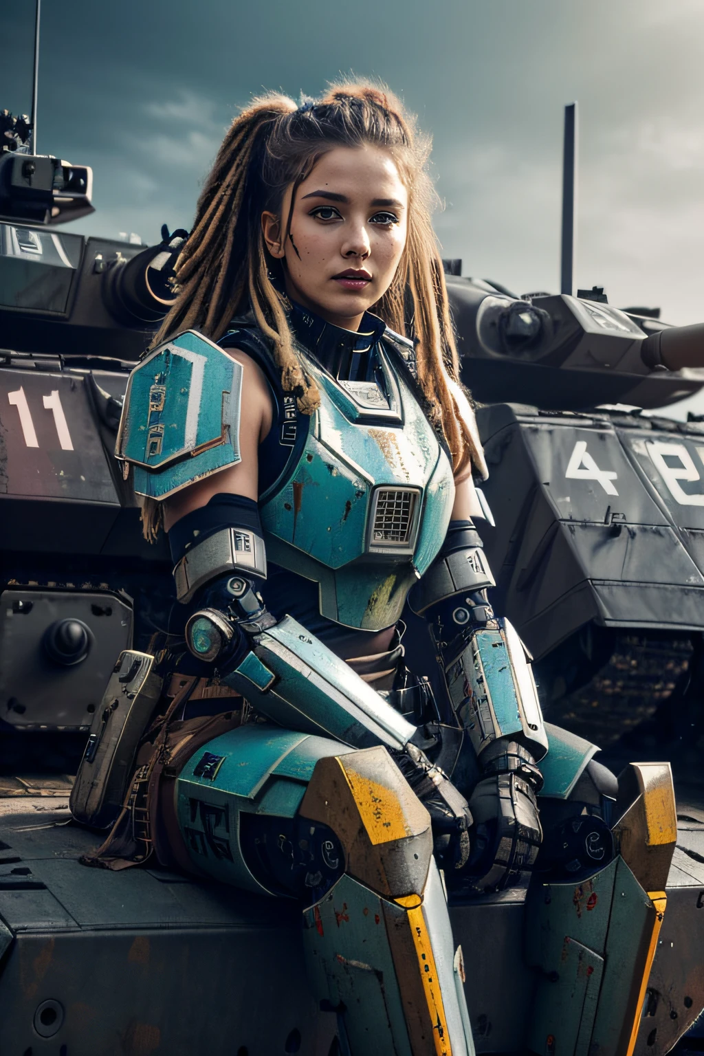 Beautiful hyperrealistic photograph of cute Young Swedish woman with Runic tattoos, ((dirty face Blood splattered)), (((wearing full heavy mecha armor, combat harness, Neon highlights))) Short Red Dreadlocks, (((sitting on a Futuristic Tank pose))), (exterior of Military Facility in the background), Camo netting, Ammo Boxes abstract beauty, near perfection, pure form, Golden Ratio, concept art, By Brian Froud and Carne Griffiths and Wadim Kashin, intricate detail, 8k post-production, High resolution, super Detail, trending on ArtStation, sharp focus, studio photos, intricate detail, Very detailed, By Greg Rutkowski