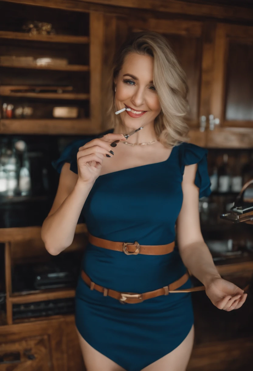Woman in blue dress holding a cigarette in front of her face, Holding a small vape in your hands, twitch streamer, low quality video, her belly button is exposed, Gorgeous Jade Tailor Woman, belly button showing, gorgeous stella maeve magician, she is smiling and excited, Chewing the graphics card, macro giantess, partially cupping her hands