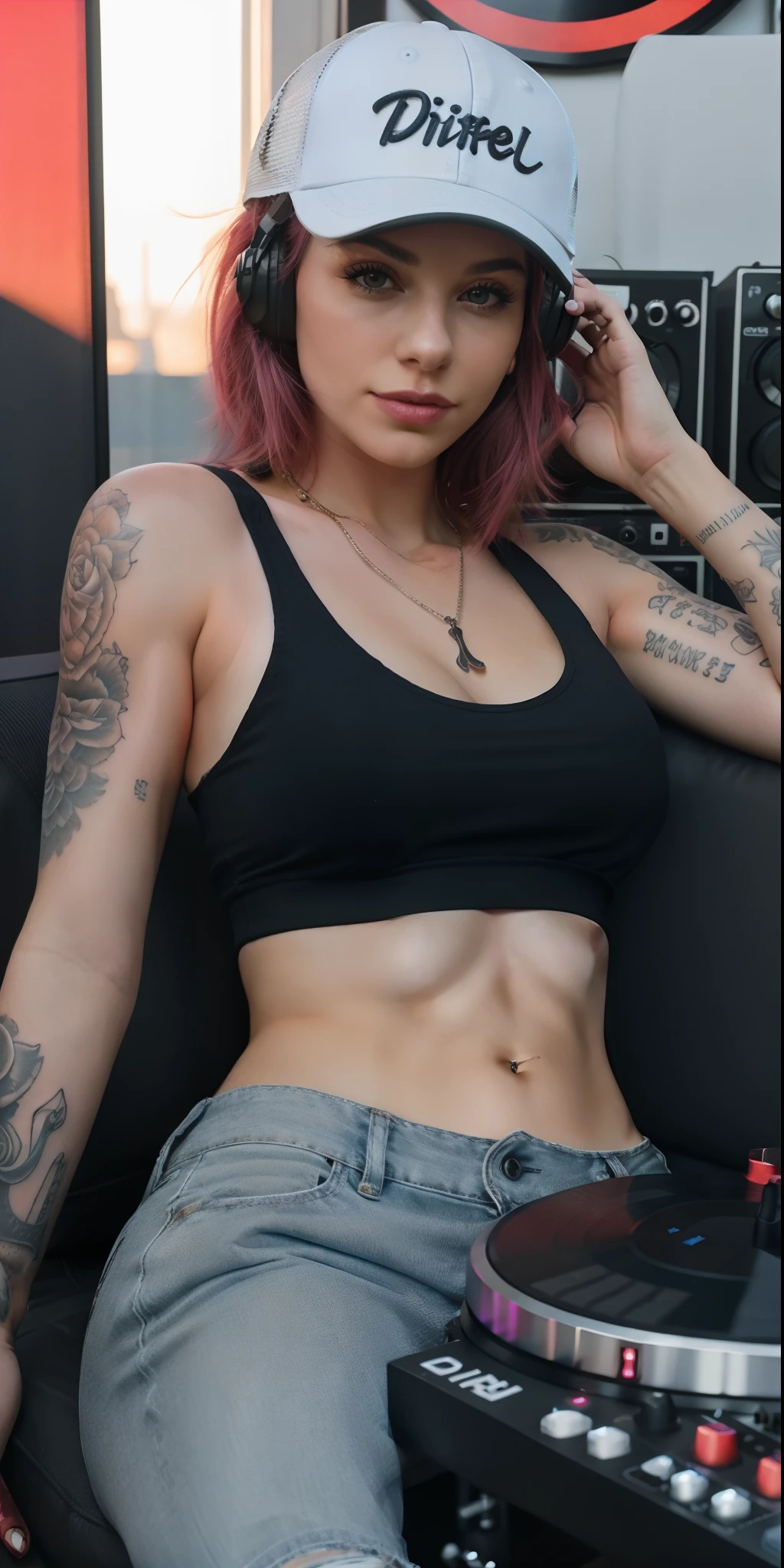 lofi vibes lofi colours woman in tank top and trucker cap in her 20s recline relaxing at her dj decks , ,tattoo-type, ditail, 4k, photo, , cinematic,