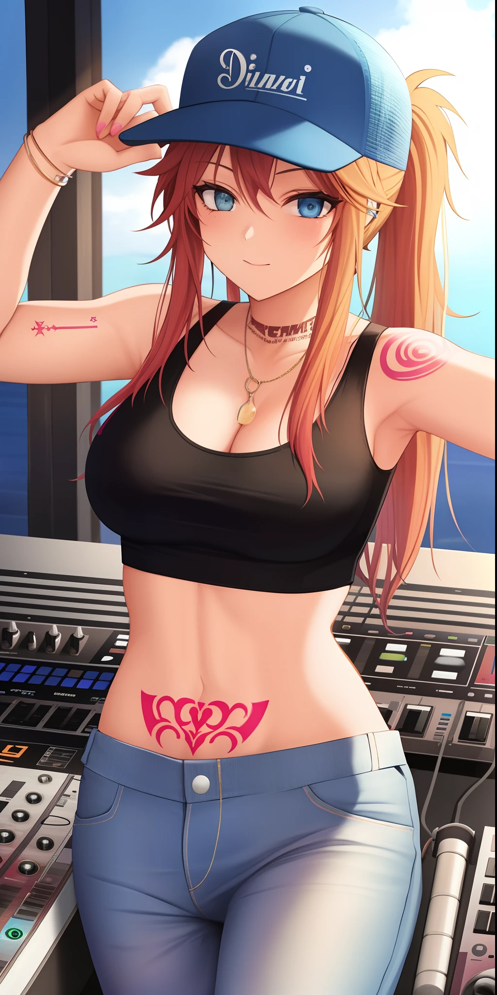 lofi vibes lofi colours with text that says ", woman in tank top and trucker cap in her 20s recline relaxing at her dj decks , ,tattoo-type, ditail, 4k, photo, , cinematic,