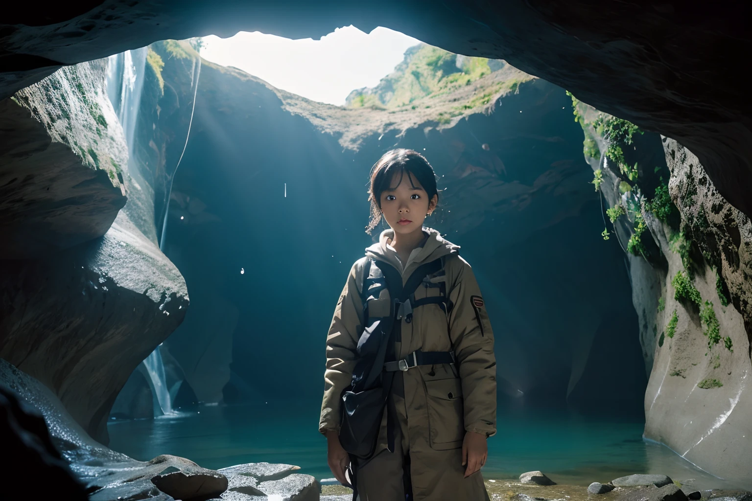 ( girl in Japan, bangss,long, Small round face:1.2), (flat chest:1), Cinematic lighting, depth of fields,
(8K, Raw photography, top-quality, masuter piece:1.2), ultra res, (Realistic, photos realistic:1.37), Female explorer exploring caves.
break
She wears explorer's clothes,Interested in rumors of unknown creatures and valuable minerals in caves. Map and compass to navigate the dark and damp caves.
BREAK,
Be impressed by the strange patterns carved into the cave walls and the beautiful sound of water droplets. She aims to reach a large space deep in the cave.