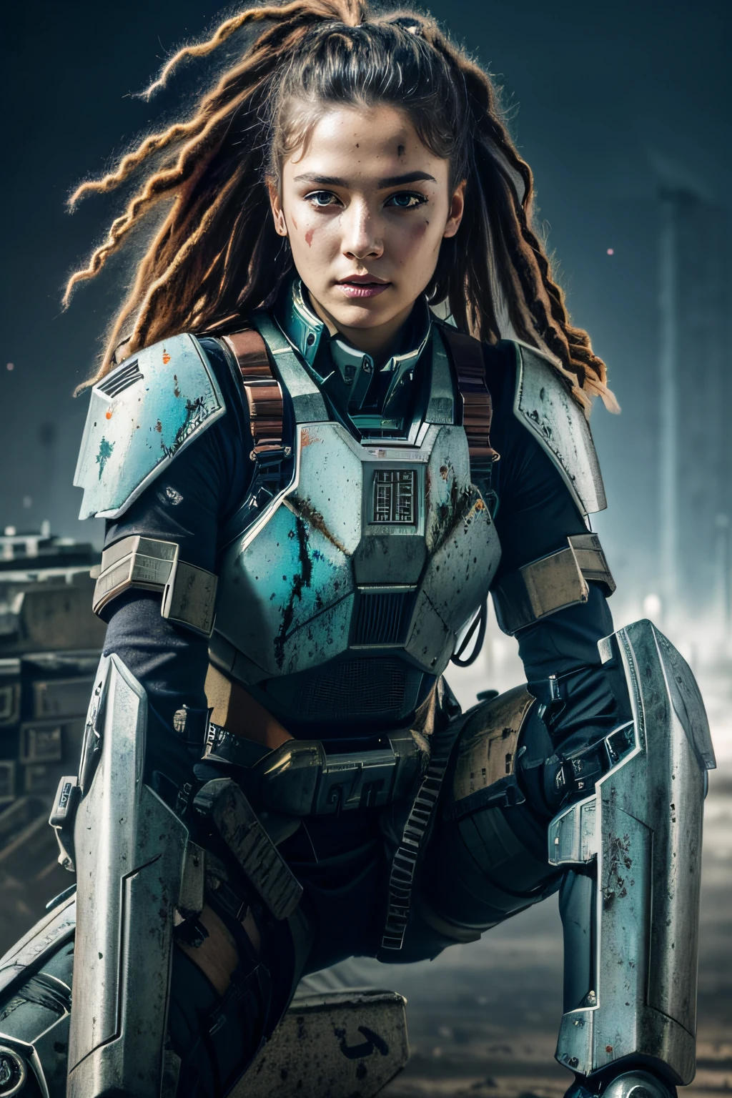 Beautiful hyperrealistic photograph of cute Young Swedish woman with Runic tattoos, ((dirty face Blood splattered)), (((wearing full heavy mecha armor, combat harness, Neon highlights))) Short Red Dreadlocks, (((sitting on a Futuristic Tank pose))), (exterior of Military Facility in the background), Camo netting, Ammo Boxes abstract beauty, near perfection, pure form, Golden Ratio, concept art, By Brian Froud and Carne Griffiths and Wadim Kashin, intricate detail, 8k post-production, High resolution, super Detail, trending on ArtStation, sharp focus, studio photos, intricate detail, Very detailed, By Greg Rutkowski