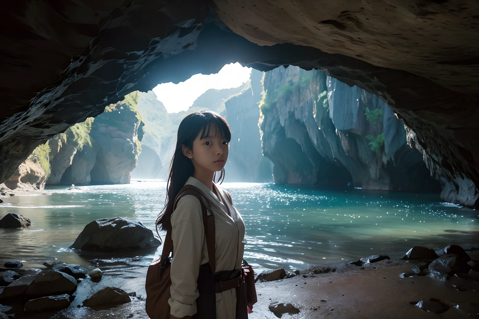 ( girl in Japan, bangss,long, Small round face:1.2), (flat chest:1), Cinematic lighting, depth of fields,
(8K, Raw photography, top-quality, masuter piece:1.2), ultra res, (Realistic, photos realistic:1.37), Female explorer exploring caves.
break
She is interested in rumors of unknown creatures and valuable minerals in the cave. Map and compass to navigate the dark and damp caves.
BREAK,
Be impressed by the strange patterns carved into the cave walls and the beautiful sound of water droplets. She aims to reach a large space deep in the cave.