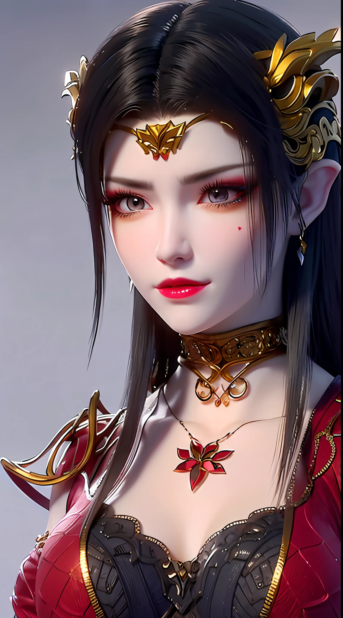 1 very beautiful queen medusha in hanfu dress, thin red silk shirt with many yellow motifs, black lace top, long hair dyed black, beautiful hair jewelry, pretty face pretty and cute, perfect face, earring jewelry, light purple rabbit ears, antique jewelry, big red eyes, sharp eye makeup, meticulous makeup eyelashes, thin eyebrows, nose tall, pretty red lips, no smile, pursed lips, rosy cheeks, wide breasts, big breasts, well-proportioned breasts, slim waist, red mesh stockings with black lace, Chinese hanfu style, fictional art patterns, colors vivid and realistic, RAW photos, realistic photos, ultra-high quality 8k surreal photos, cool photos, (virtual lighting effects: 1.8), 10x pixels, magic effects (background): 1.8), super detailed eyes, beautiful girl body portrait, girl alone, ancient hanfu background, looking directly at the audience, wide original photo, 8k quality, super sharp, detailed and clear picture best, detailed light background,