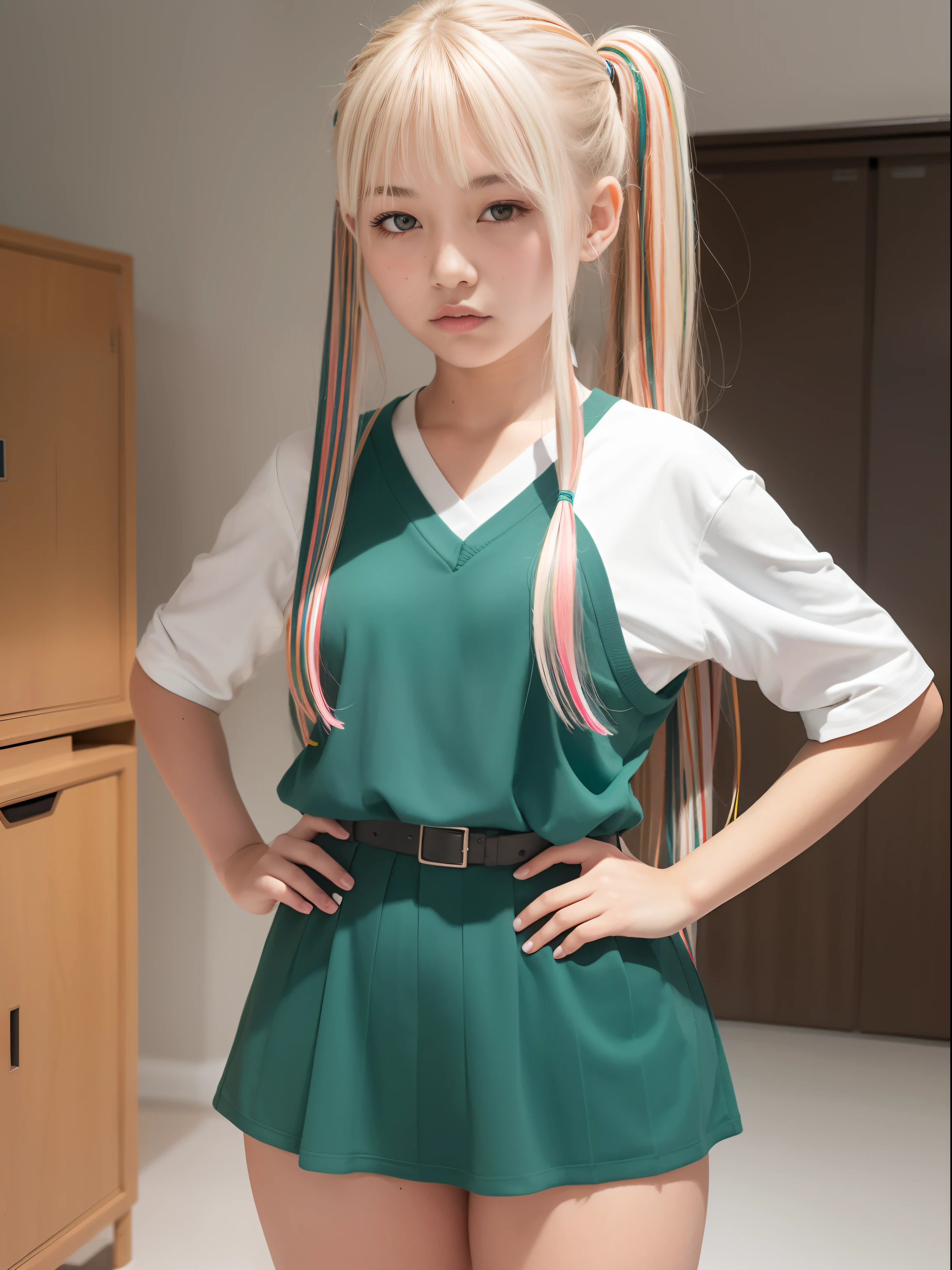 a 18 year old girl,masutepiece , Best Quality,Nahida(GenshinImpact) ,multipel Girls , tiny chest,Long hair ,Side Ponytail, Hair Ornament , White hair , Green hair , hand behind head:1.5,multicolored hair, elf , Multi-colored uniforms, Wearing a miniskirt ,Locker Room, Street,looking at the viewers