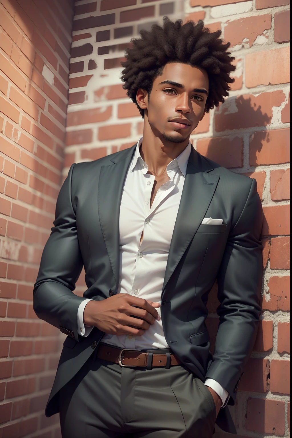 A ultra realistic young man 30 years of Afro American dark Carmel complexion very handsome and norm athletic physique with short black curly hair, his height 5'11, Leica M2 85mm, photo realistic, sharp image of the face, slight shadow of light on the face., realism photography, he is wearing couture black suit made by Giorgio Armani, background stand in white loft space apartment space with brick wall.