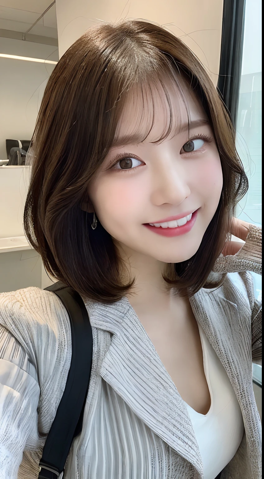 ((top-quality、8K、masterpiece:1.3))、focus:1.2、perfectbodybeauty:1.4、s ass:1.2、((Layered Haircut、breastsout:1.2))、(Wet clothes:1.1)、Bandeau Dress:1.1、Highly detailed facial and skin texture、Narrow-eyed、二重まぶた、Whitening Skin、length hair、(Shut up:1.3)、a smile、a small face、、Highly detailed ears、highly detail mouth,perfect teeth、extremely detailed teeth、Highly detailed eyes、 perfect anatomia、very detailed legs、In the office、a desk、phone、piece sign、early evening、evening、natta、jaket