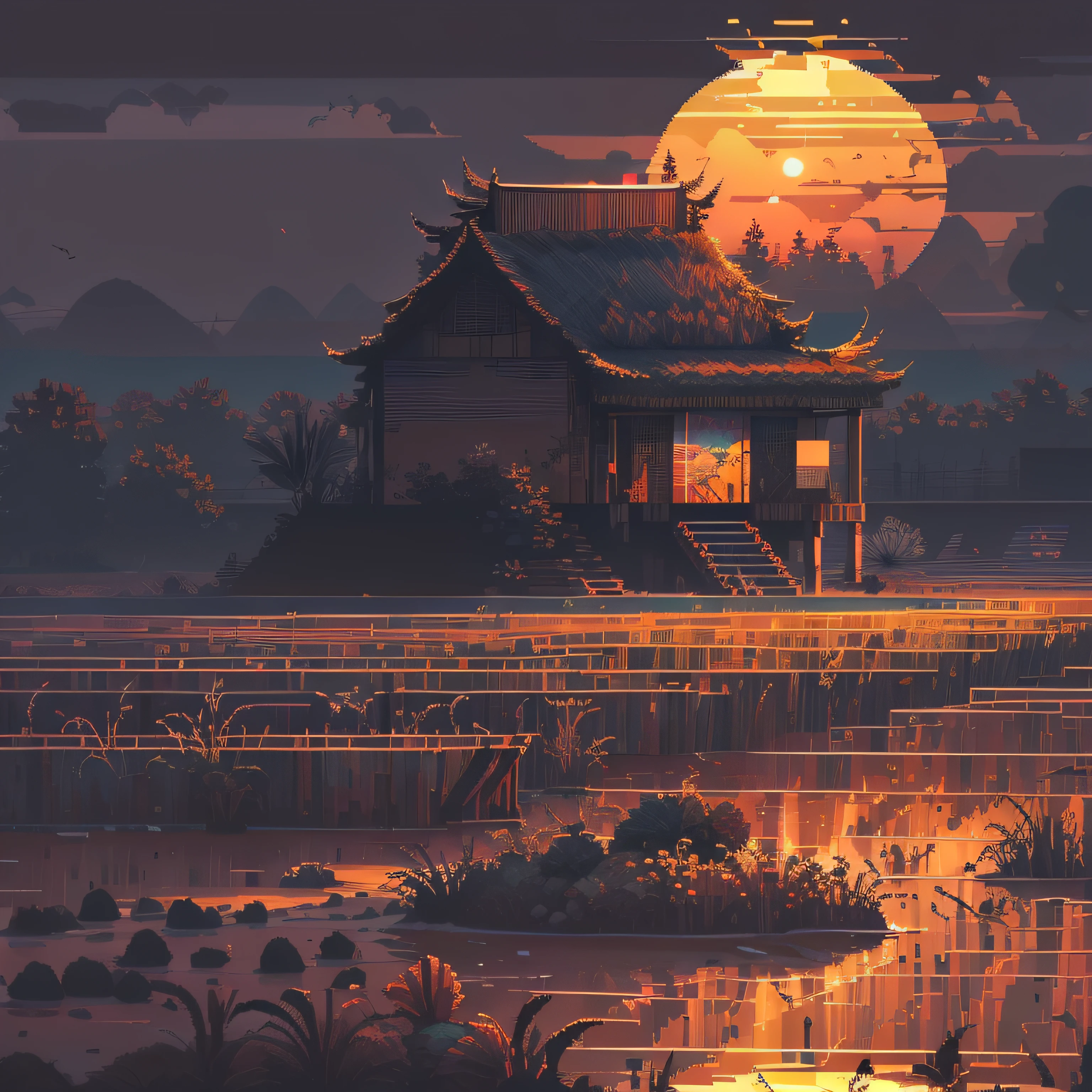 ricefield，Tano，the sunset。Hazy，pix，pixelart