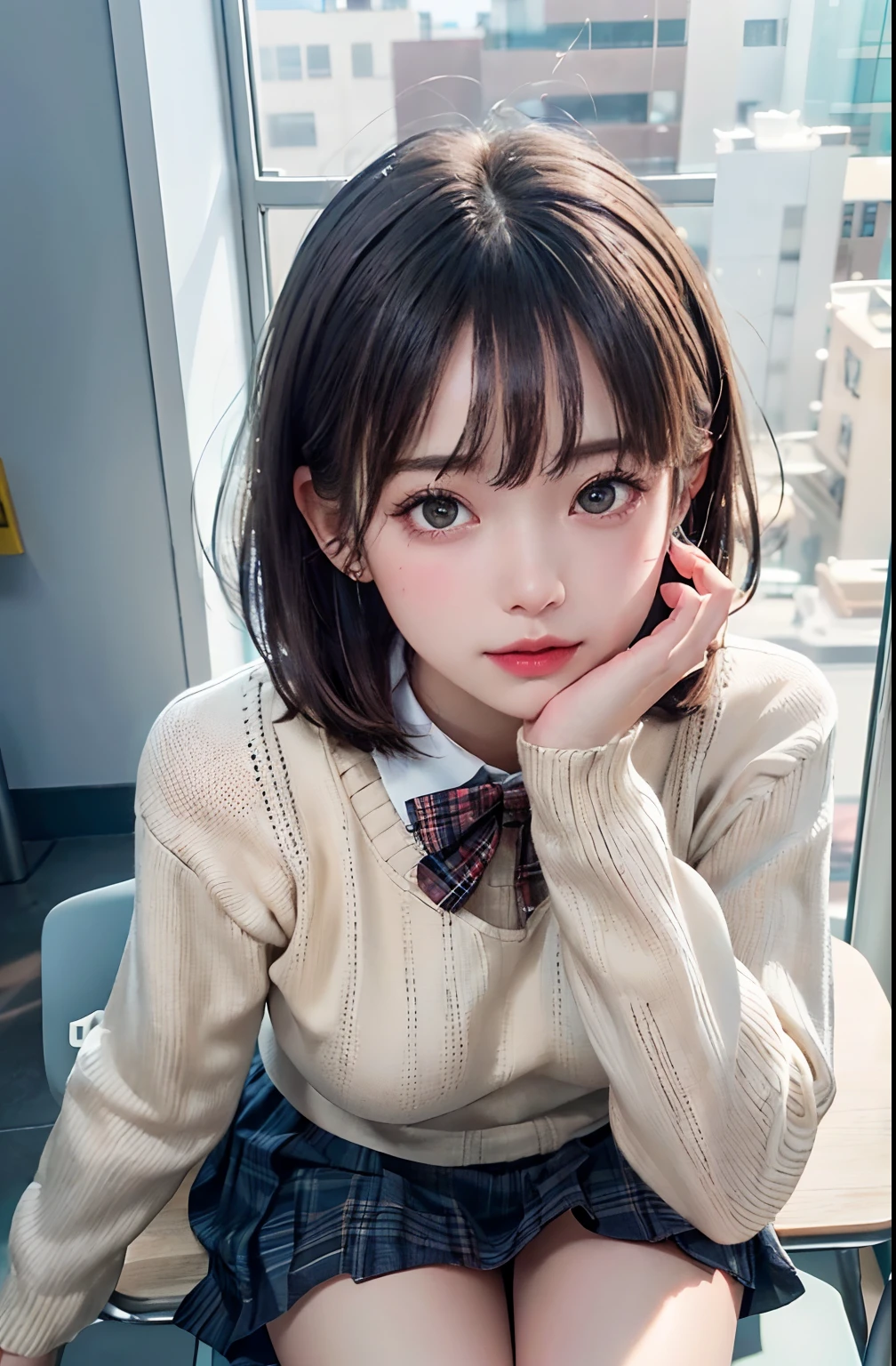 ​masterpiece、top-quality、超A high resolution、(photographrealistic:1.4)、((1girl in、White fair skin:1.4、sitting at the desk、From  above、looking at the viewers、Cowboy Shot、、spotless、cute little、A dark-haired、bobhair_cut、short hair with bangs、bursting milk in the same way))、(School Uniforms:1.2), (wearing a beige knitted sweater over a white shirt,,,,,:1.3), (Red bow:1.3), (Plaid pleated skirt:1.3),(dignified expression)、High detailed eyes、(((‎Classroom)))、long neck、(((short hair with bangs)))、Lashes、(((natural soft light、gazing at viewer、Entice your audience、爆乳、Highlights in the eyes)))、[(Hassleblad H6D-400c)], [(Medium format image)],[(dream-like)],[(400 mega pixels)], (Photorealsitic:1.4), (Raw photography:1.2), (8K), (​masterpiece:1.3), (realisitic), (A hyper-realistic), ultra-detailliert, illustratio, very_high_Realistic:1.5 ,very_high_resolution:1.5, nffsw, nffsw, Unity, 8K Picture Wallpaper, astonishing、finely detail, Official art, Highly detailed ticker Unity 8k wallpaper, (top-quality), incredibly absurdness, ultra-detailliert, Light on the Face, cinematric light, 电影灯光, Professonal lighting、photon maping、Radio City、physically-based renderingt、solofocus、foco nítido、 hight resolution、ighly detailed、extremely delicate and beautiful、intricate detailes、face muscles、a beautiful detailed girl、Natural makeup、extra detailed face、looking at away、