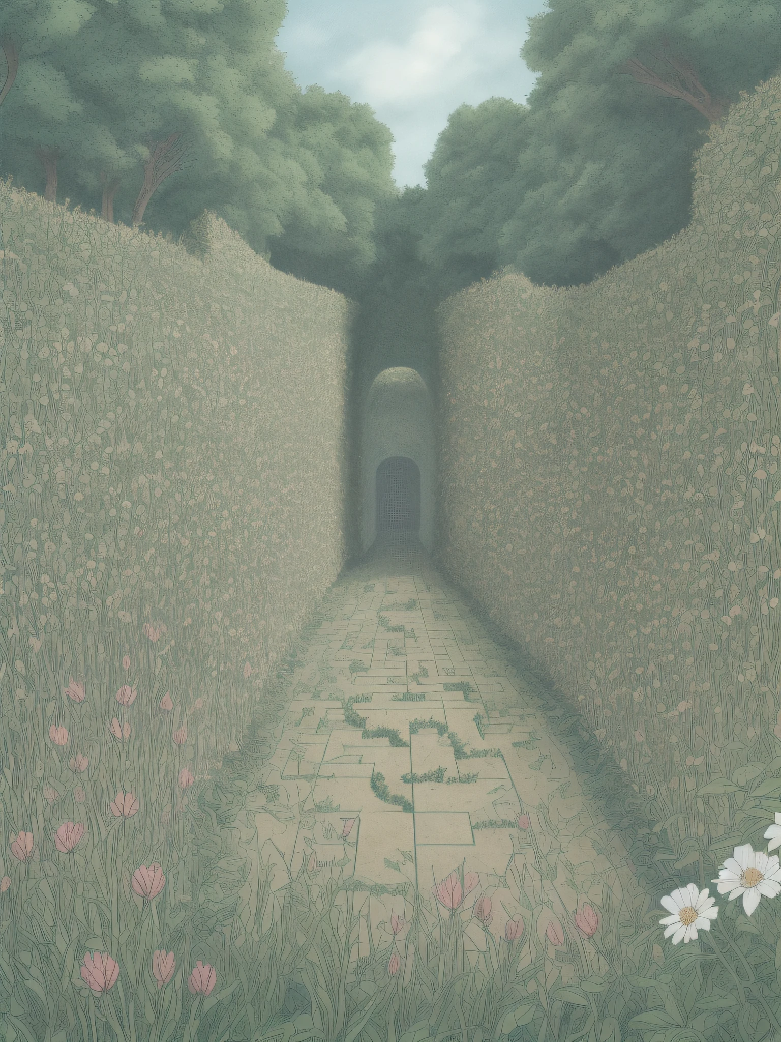 In the maze High walls in the passage Flowers with spines picture book-style illustratio