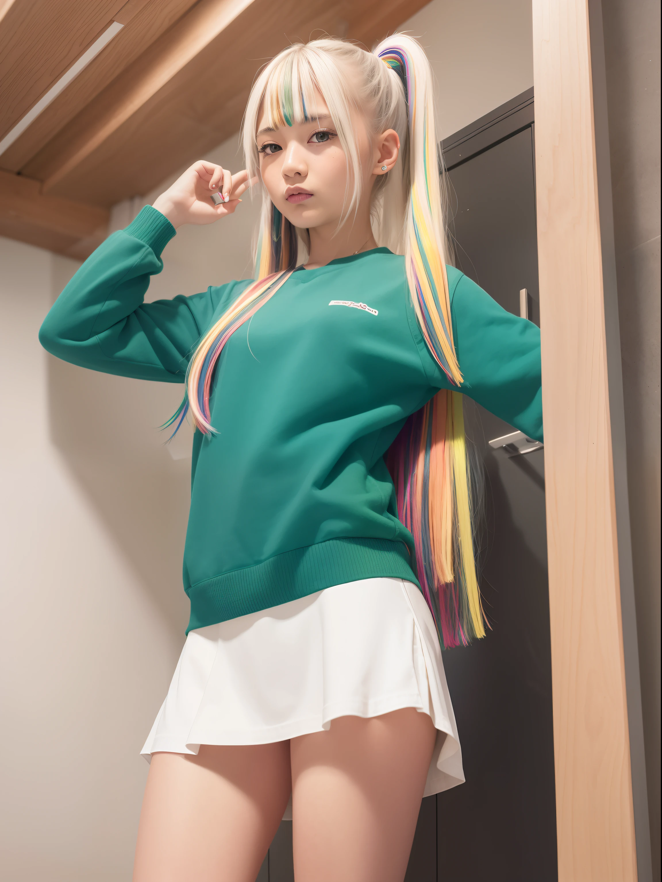 a 18 year old girl,masutepiece , Best Quality,Nahida(GenshinImpact) ,multipel Girls , tiny chest,Long hair ,Side Ponytail, Hair Ornament , White hair , Green hair , hand behind head:1.5,multicolored hair, elf , Multi-colored uniforms, Wearing a miniskirt ,Locker Room, Street,looking at the viewers