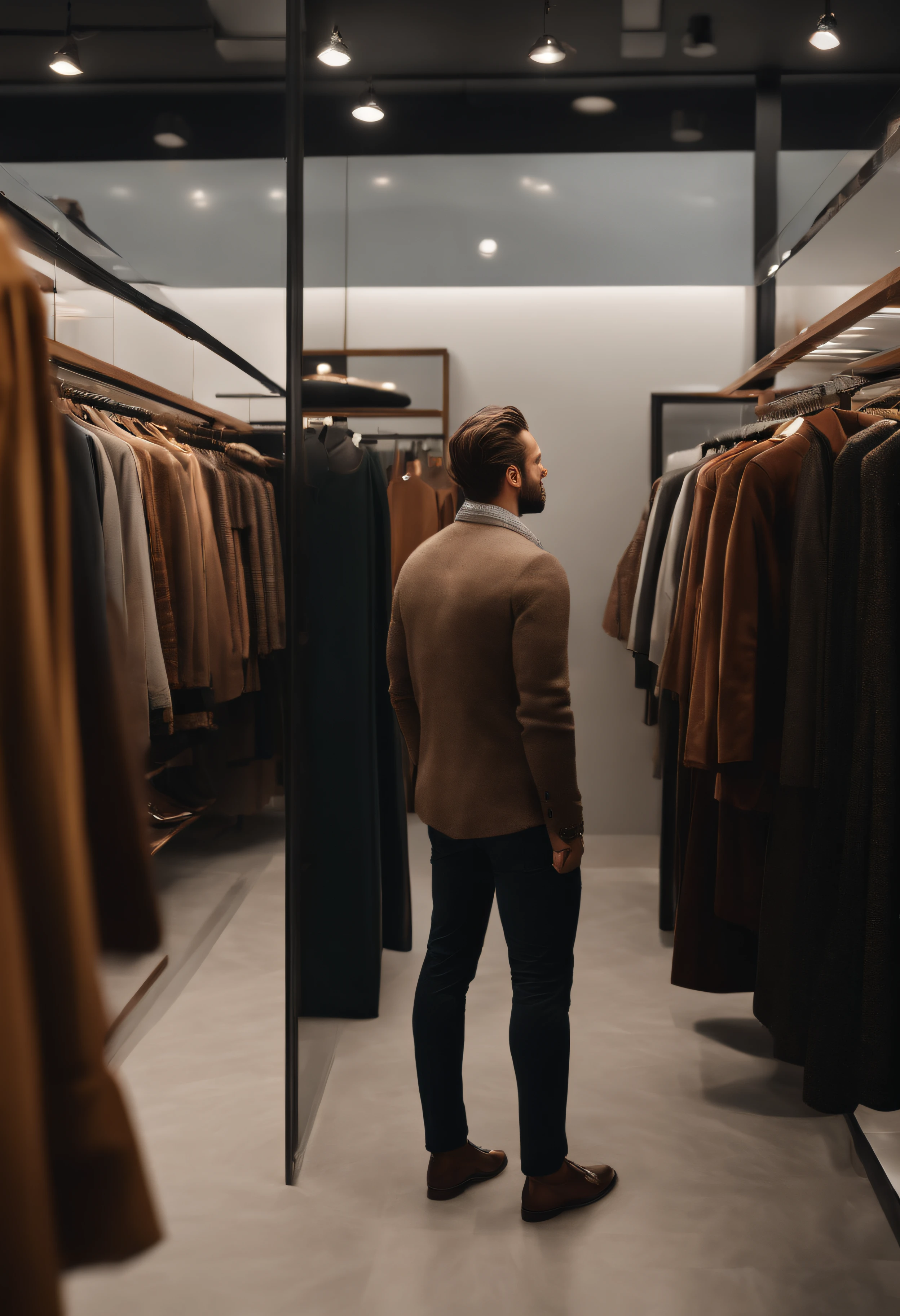 Man in a clothing store, his back is turned,(melhor qualidade,4k,8k,Altas,master part:1.2),ultra-detalhado,(Realistic,fotorrealista,photo-realistic:1.37),paredes texturizadas,prateleiras organizadas,clear lighting,cores vibrantes,atmosfera moderna e elegante,variedade de roupas exibidas