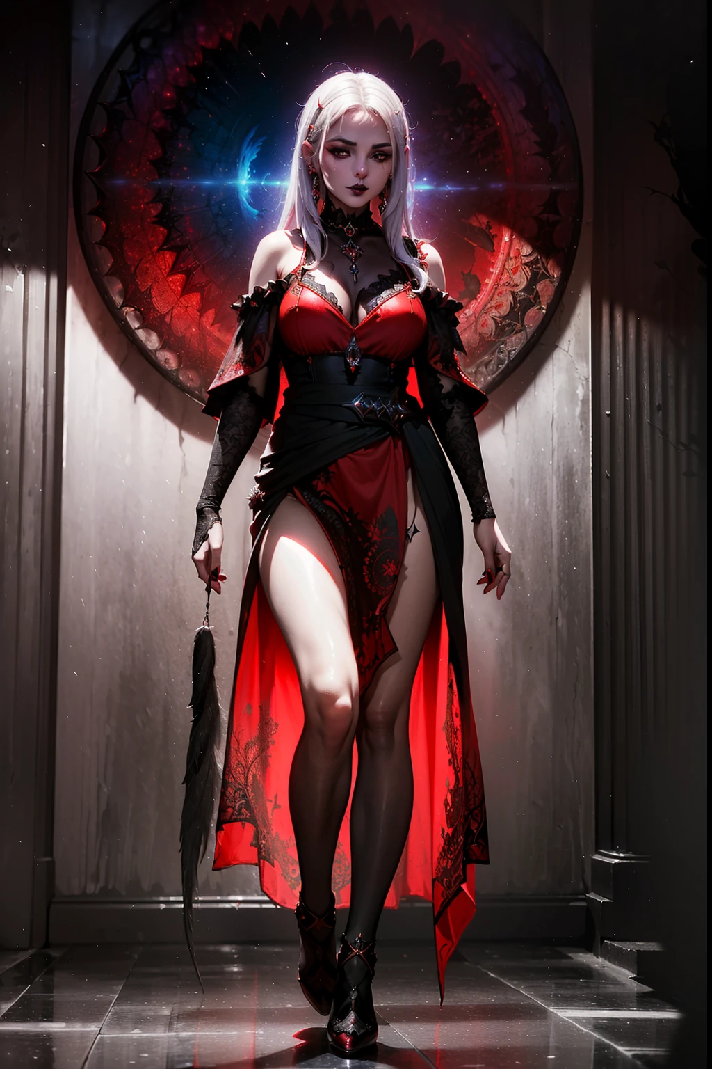 black lips, flying crows, witch (masterpiece), best quality, (((in hyper realistic and detailed fantasy crimson short dress, aethereal fantasy aesthetic style))), intricate perfect beauty face, detailed sharp expressive eyes, hyper realistic and detailed white hair, (((from face to the waist))), (((beauty slim shape))), 4k, UHD