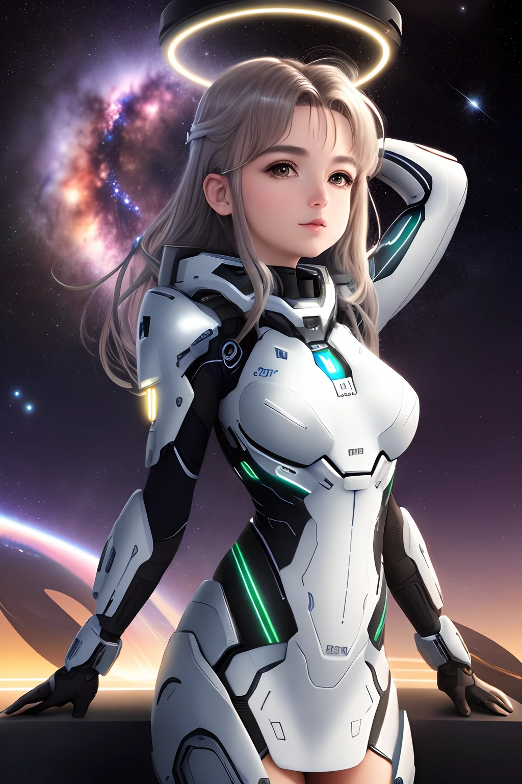 Ultra realista master chieff, corpo inteiro, galaxy background highlighting the halo in the background