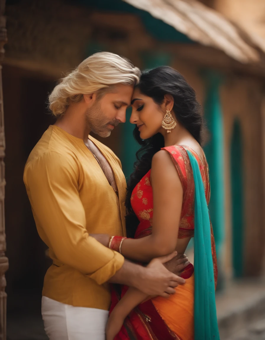 Indian woman and blond white man hugging and kissing,El fondo es viento de colores y maderas coloridas,Primer plano de la parte superior del cuerpo