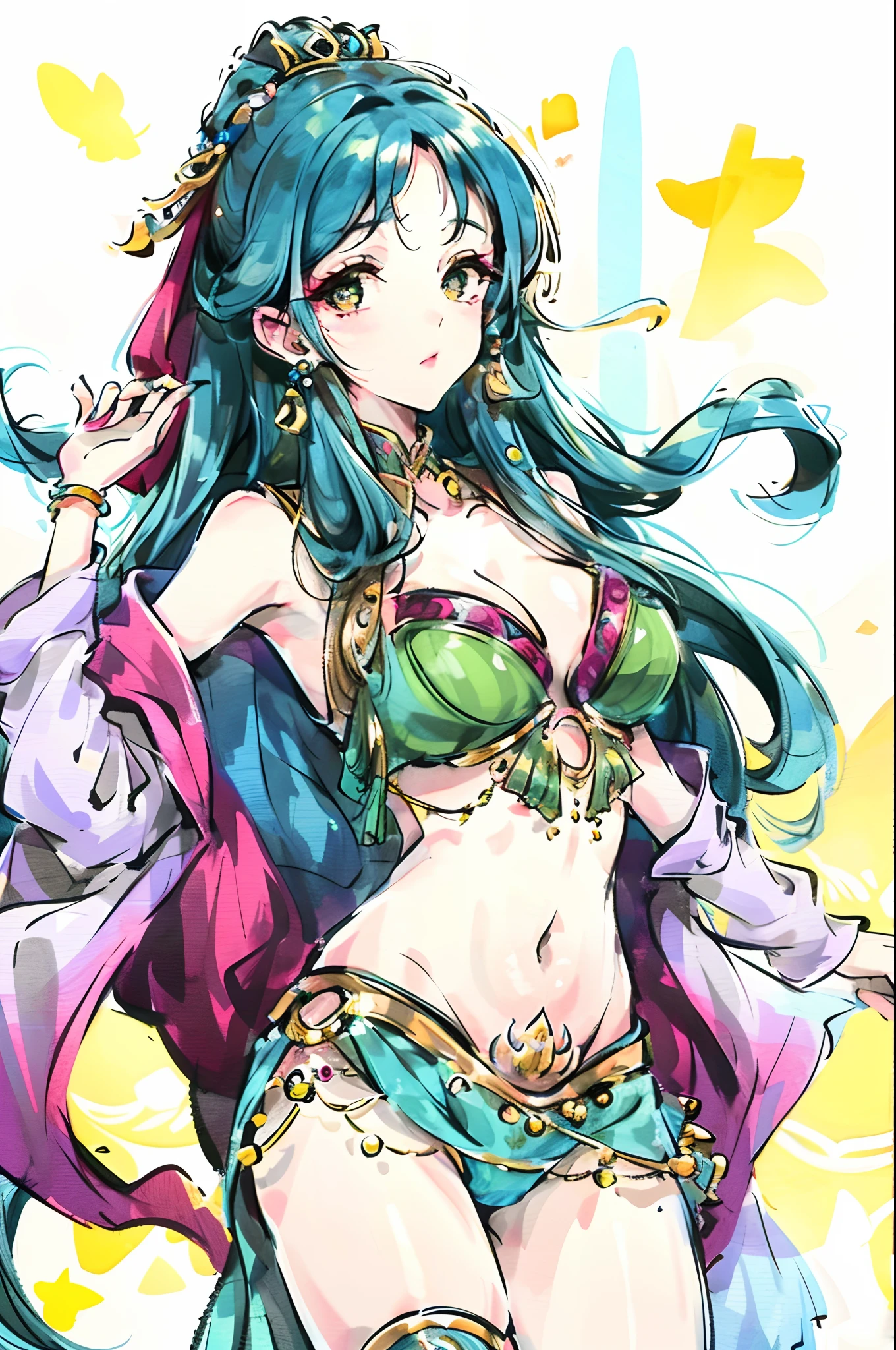 Woman in belly dance costume, full color illustration,