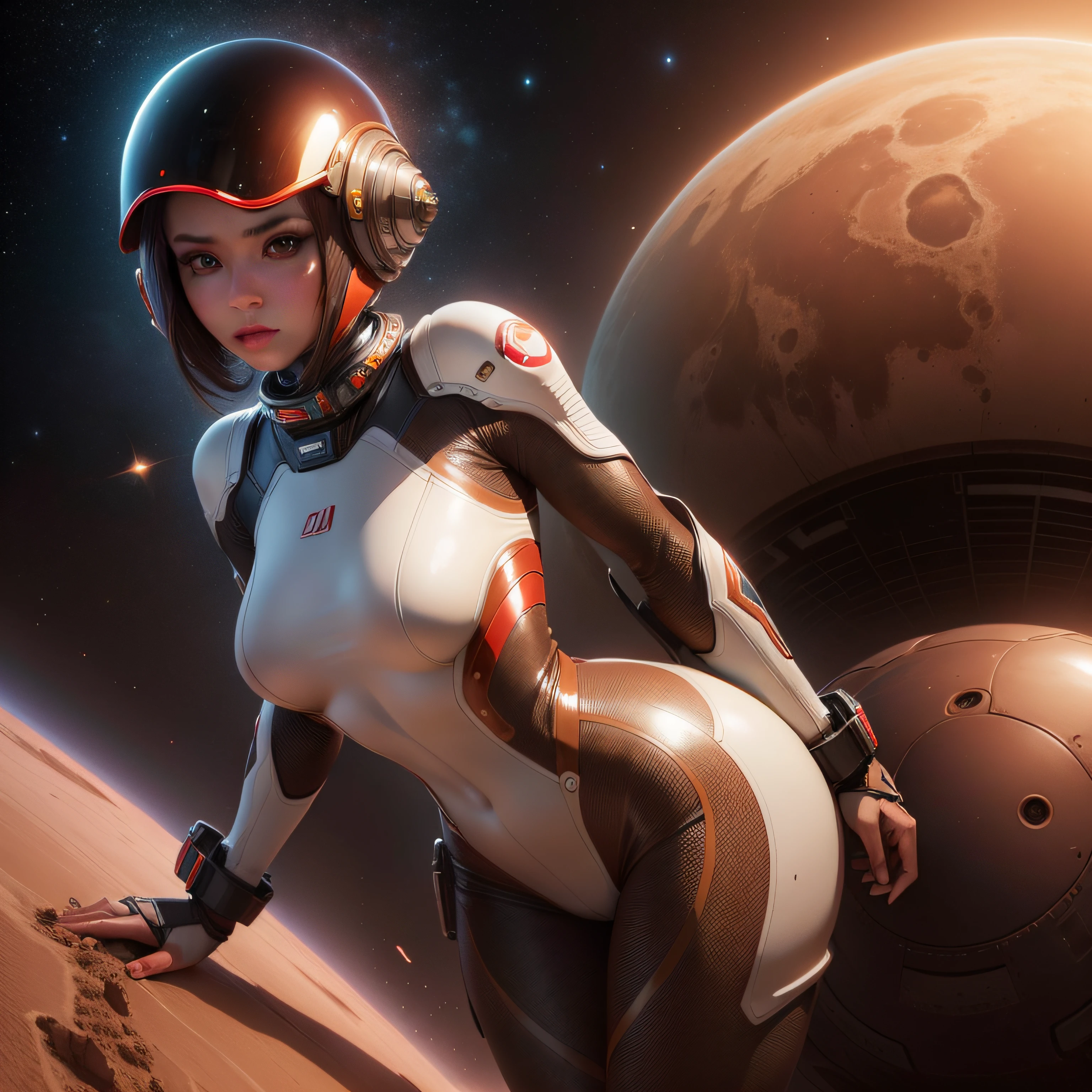 "(Highest image quality), (incredibly detailed), (photo-realistic:1.1) 1girl, depicting a female space alien, skin tight space suit, breasts, sexy, erotic, seductive, sleek futuristic helmet, beautiful face, space, universe, standing on mars red planet, vintage."