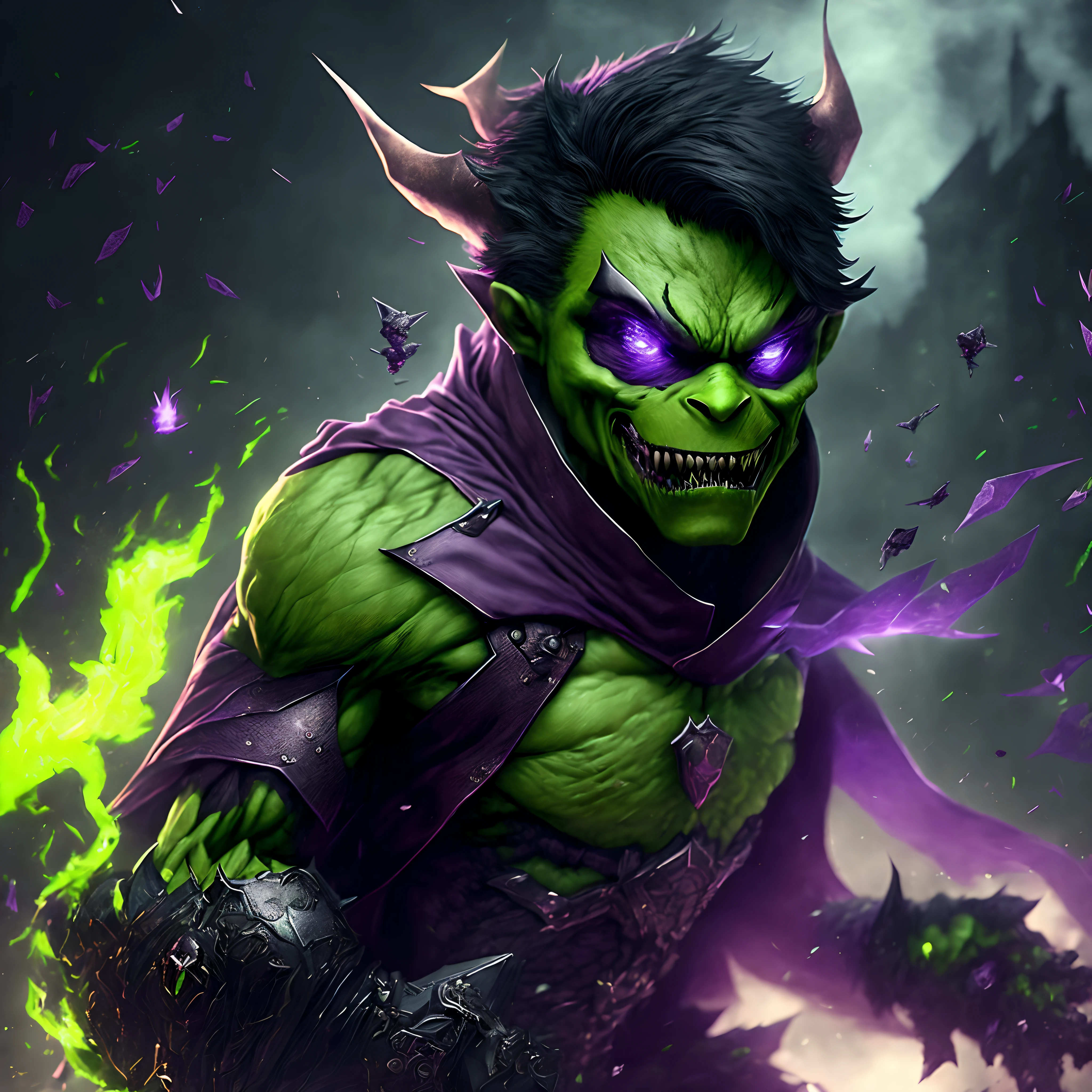 Close-up ( Beast boy from DC in Goth style: 1.3) emerging from the crazy monsters world, extremely detailed, smoke, sparks, metal shavings, flying debris, volumetric light