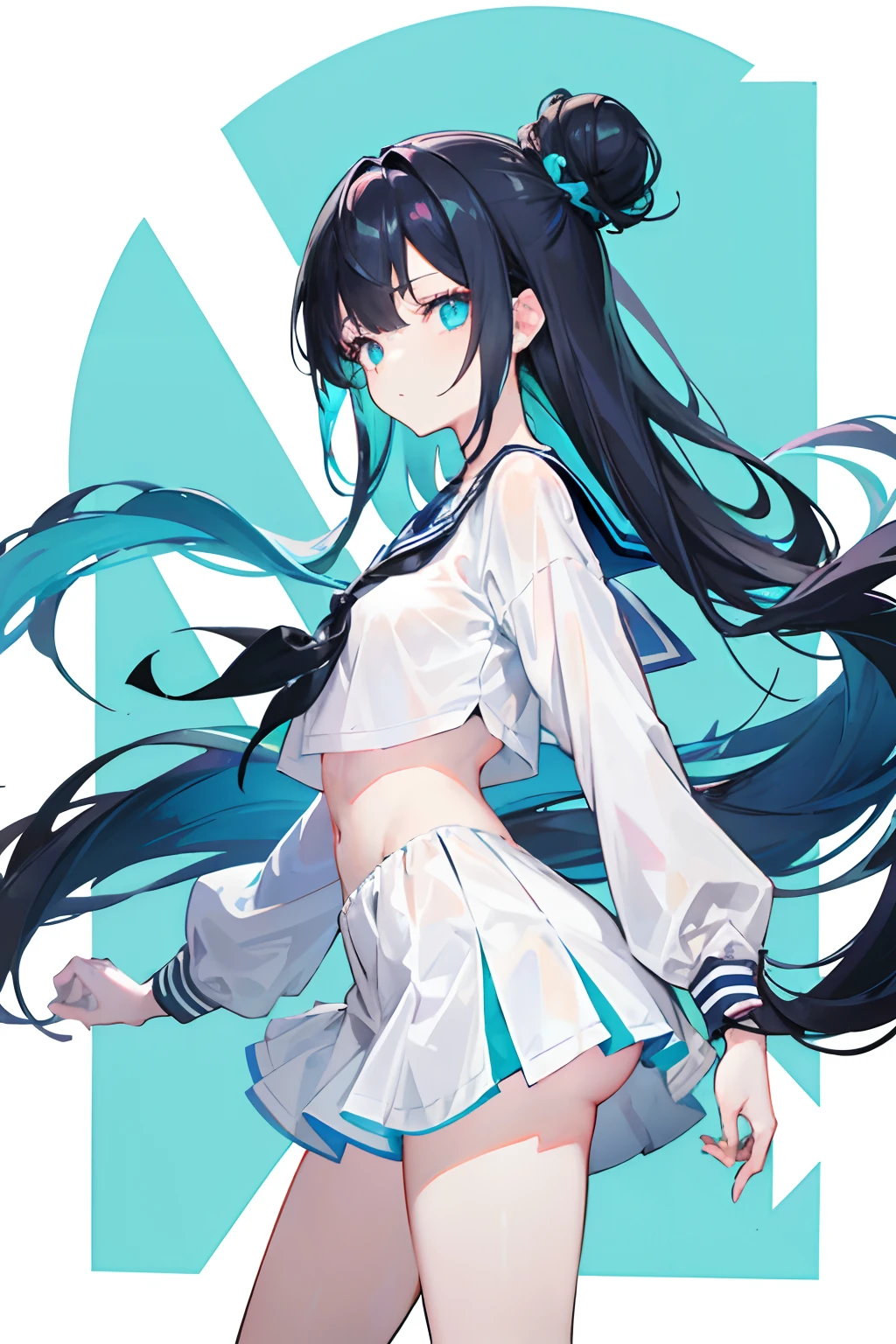 1girl in, Beautiful black hair with luster, long hair, Hair in a bun, cyan eyes, Exposed thighs, The back of the hair is blue, Multi-colored hair, ssmile, Gaze towards the viewer, a sailor suit, Pastel colors, A half body, adult girl, Transparent background, white backgrounid, White background