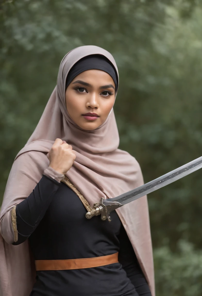 Compose a striking photography artwork featuring a Malay girl in hijab dressed as a superhero, wielding a blade as her weapon, caught in an intense and dynamic fighting action pose. Utilize dramatic lighting and high-speed photography techniques to freeze the action and highlight the details of her costume and blade. Incorporate a backdrop that conveys the urgency of the battle, with elements that enhance the heroic ambiance. Capture the strength and determination in her expression, emphasizing the empowerment and courage of this modern-day superheroine