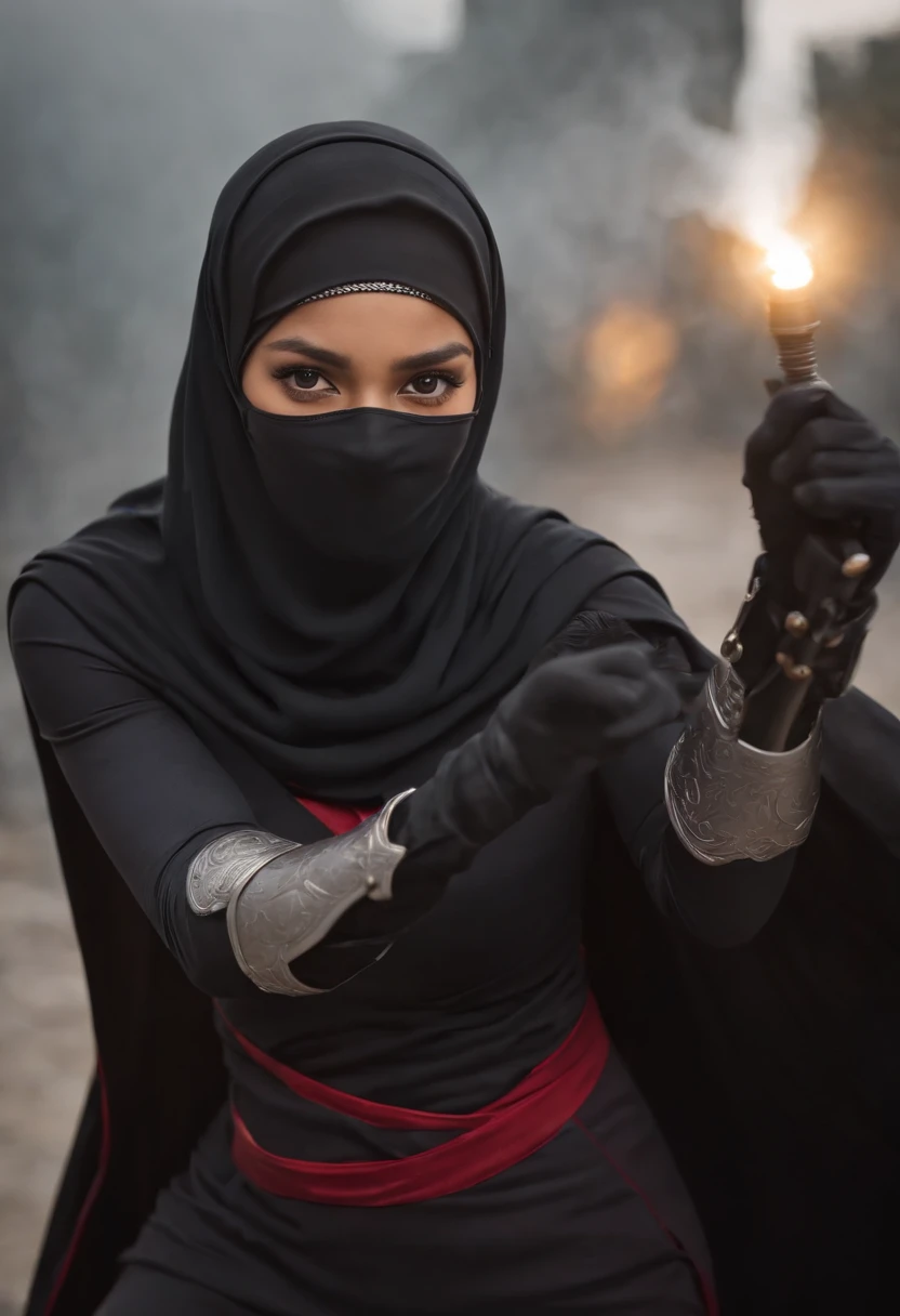 A hijab-clad beauty wielding a sinister black sword engulfed in flames, her eyes reflecting flickering embers. Cinematic lighting casts dramatic shadows, accentuating her enigmatic presence. Swirling dark liquid surrounds her feet, creating an ominous atmosphere. The scene exudes a moody color palette, blending warm firelight with cool shadows. Photographic elements enhance depth and texture, while artistic flair elevates the composition to a striking movie poster aesthetic.