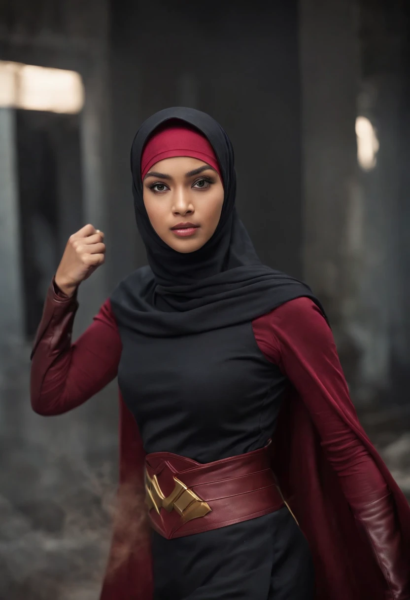 (
(Character: one Indian woman, Stocky)
(Clothing: black workout clothes, green hijab)
(Pose: upper body shot:1.7, dynamic pose)
(blurry, intense urban lights in background)
(Style: ((masterpiece:1.5)), (face detailed), photo-realistic:1.3, hyperrealistic, foggy, high contrast, shiny skin, soft lighting, backlighting, bloom, light sparkles, chromatic aberration)