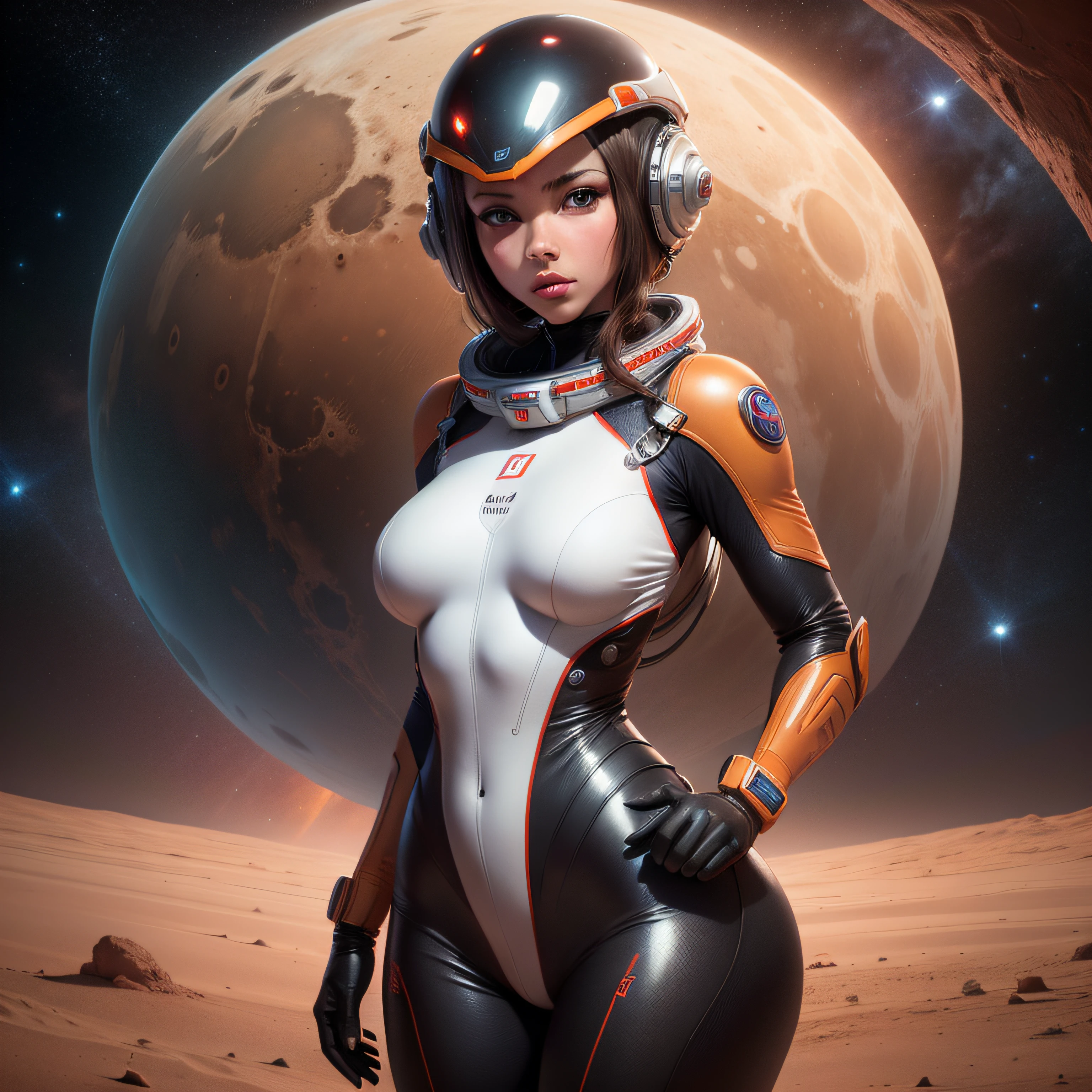"(Highest image quality), (incredibly detailed), (photo-realistic:1.1) 1girl, depicting a female space alien, skin tight space suit, breasts, sexy, erotic, seductive, sleek futuristic helmet, beautiful face, space, universe, standing on mars red planet."