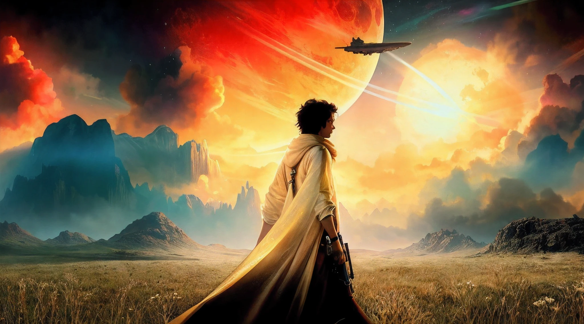 Imagem de um homem em uma capa caminhando por um campo, de um filme 2 0 1 9 sci fi 8k, arte chave, ssci-fi e fantasia, SSCI - FI e Fantasia, Fantasia Sci - Fi, inspirado em Cyril Rolando, Sci - Fi e fantasia, sci-fi fantasy wallpaper, The Last Wanderer on Earth