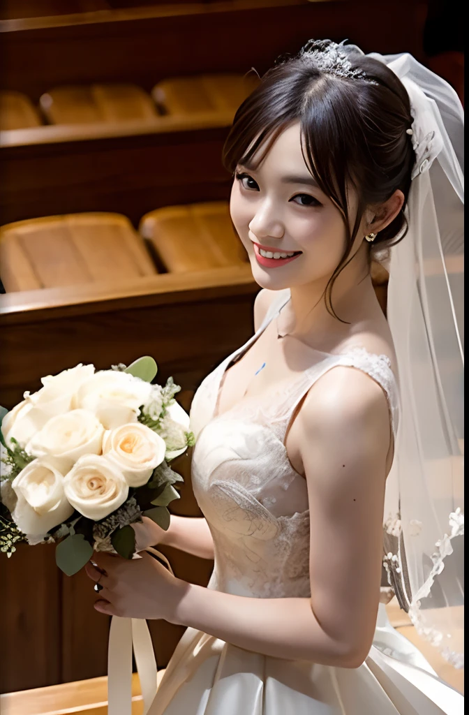 downbrouse、(Detailed Wedding Dresses:1.2)、(realisitic、Photorealsitic、ultra-detailliert、Highest Details Skins、top-quality、​masterpiece、超A high resolution)、Realistic skin type、japanes、23years old、Very pretty girl、short-cut、Shot from above、outside church、shot from a side angle、look at a camera、Cute smile、tiarra