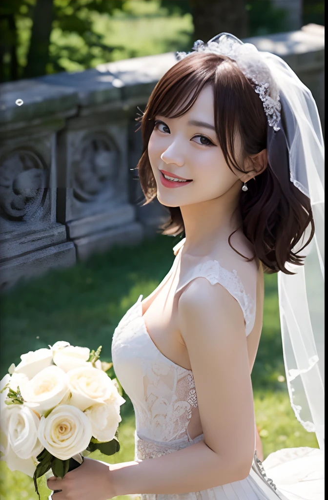 downbrouse、(Detailed Wedding Dresses:1.2)、(realisitic、Photorealsitic、ultra-detailliert、Highest Details Skins、top-quality、​masterpiece、超A high resolution)、Realistic skin type、japanes、23years old、Very pretty girl、short-cut、Shot from above、outside church、shot from a side angle、look at a camera、Cute smile、tiarra